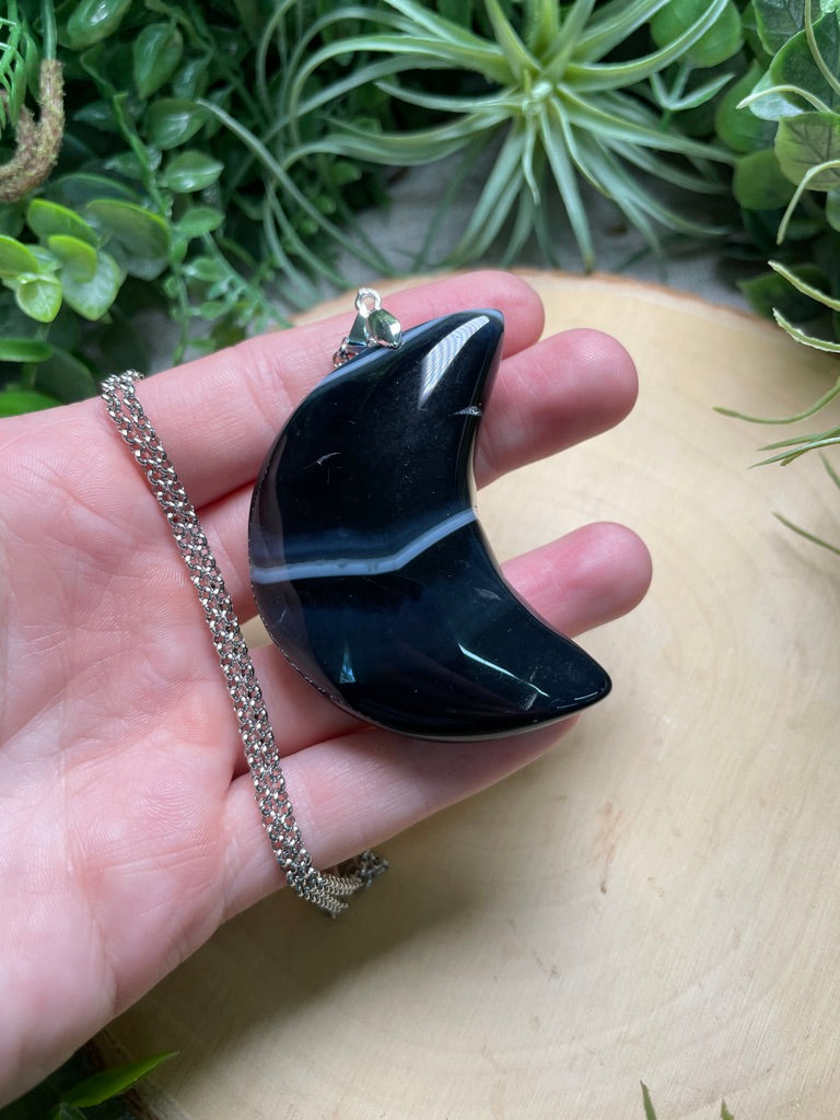 Chunky Black Agate Moon Necklace