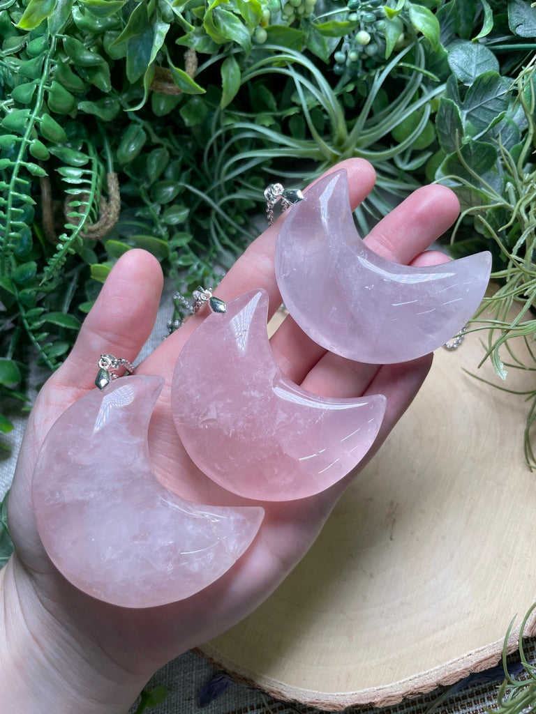 Chunky Rose Quartz Moon Necklace