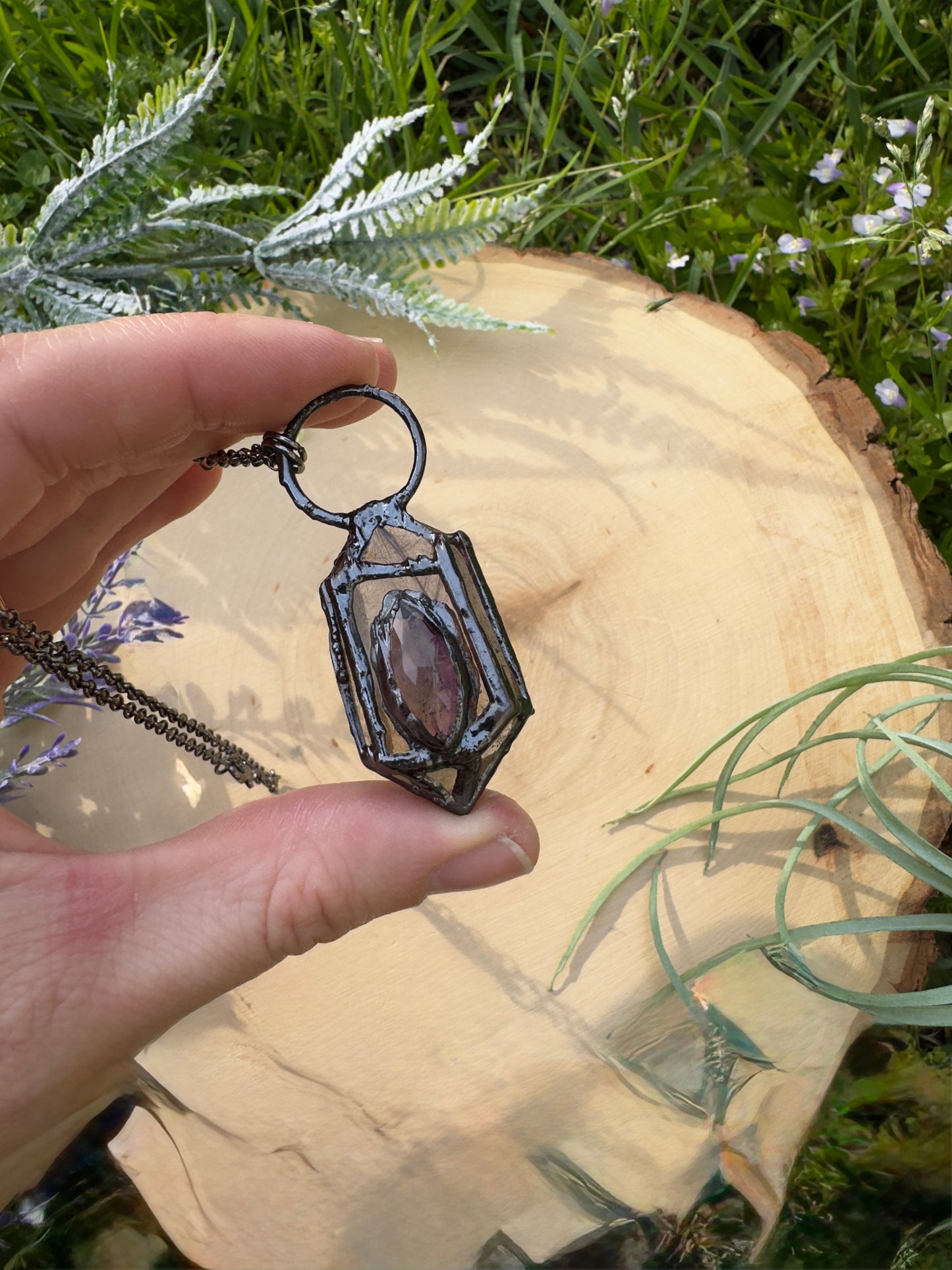 Gold Rutile Quartz and Amethyst Necklace