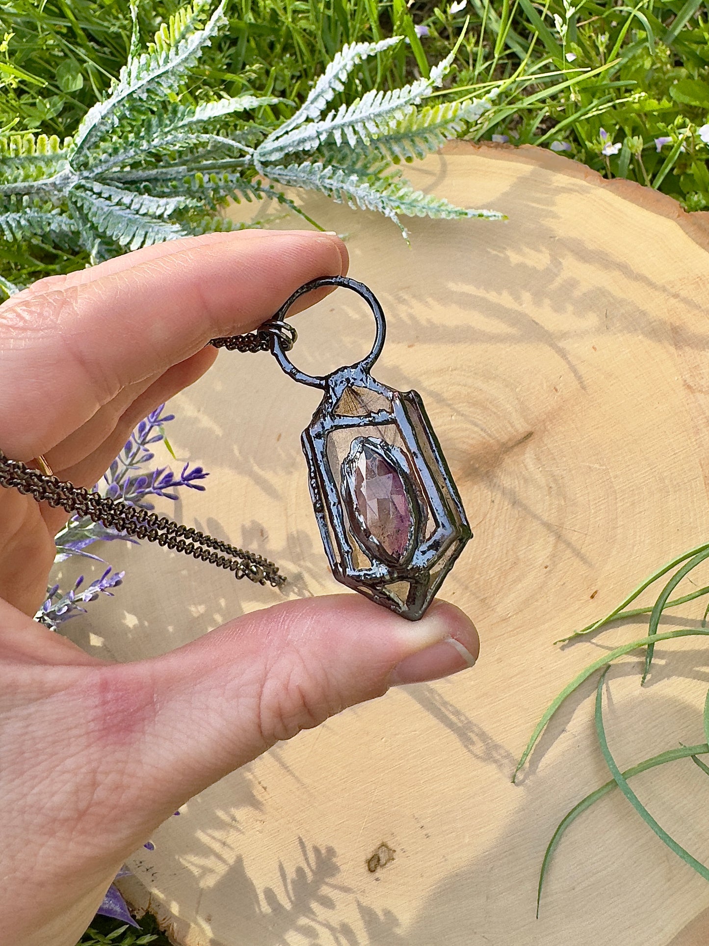 Gold Rutile Quartz and Amethyst Necklace