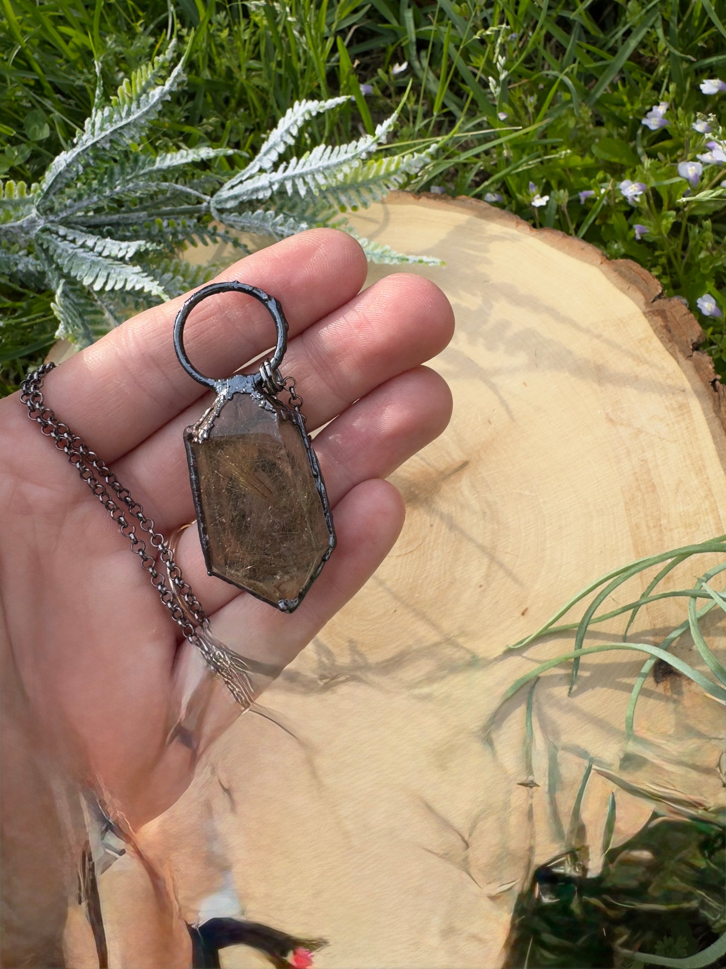 Gold Rutile Quartz and Amethyst Necklace
