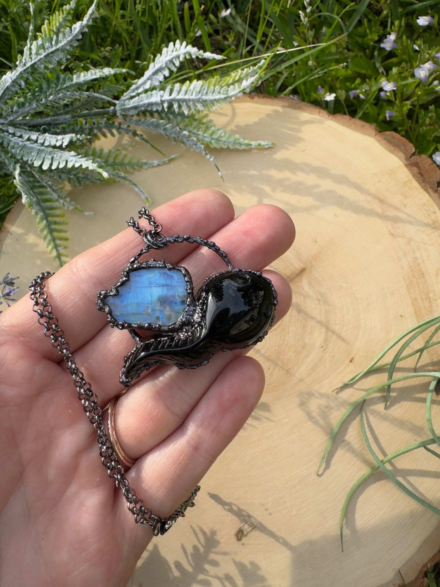 Obsidian Tadpole and Moonstone Necklace