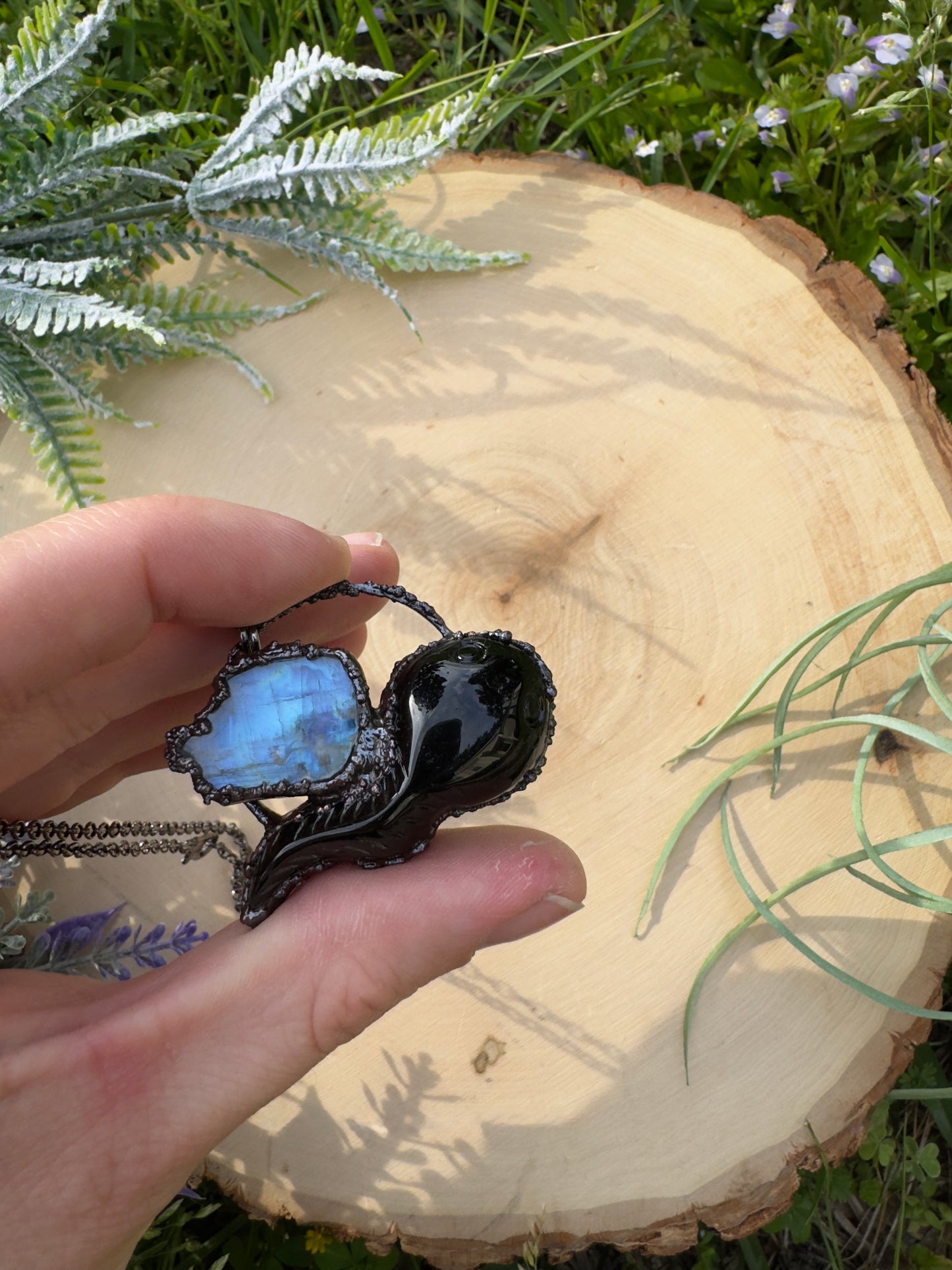 Obsidian Tadpole and Moonstone Necklace