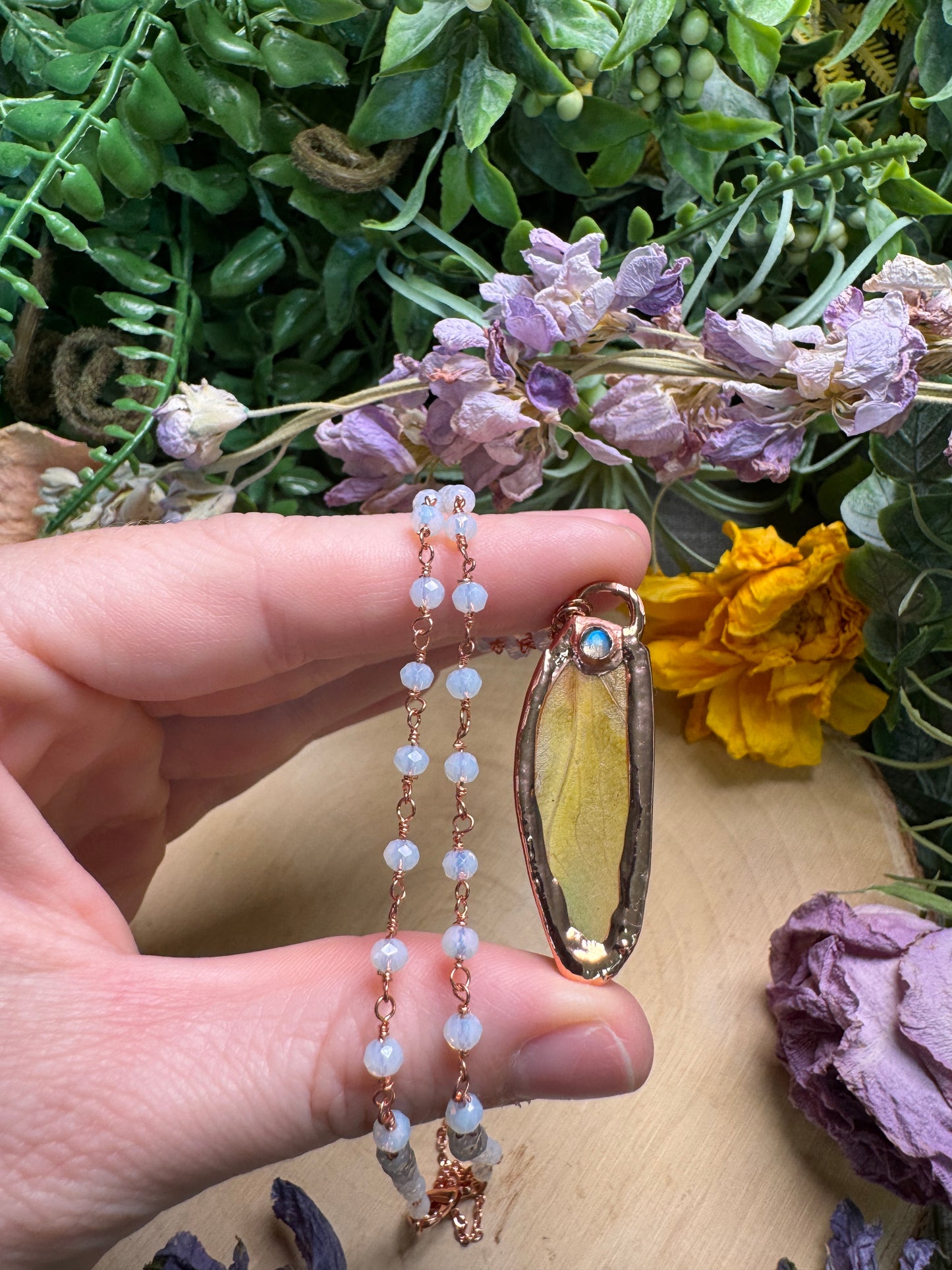 Moonstone and Grasshopper Wing Necklace