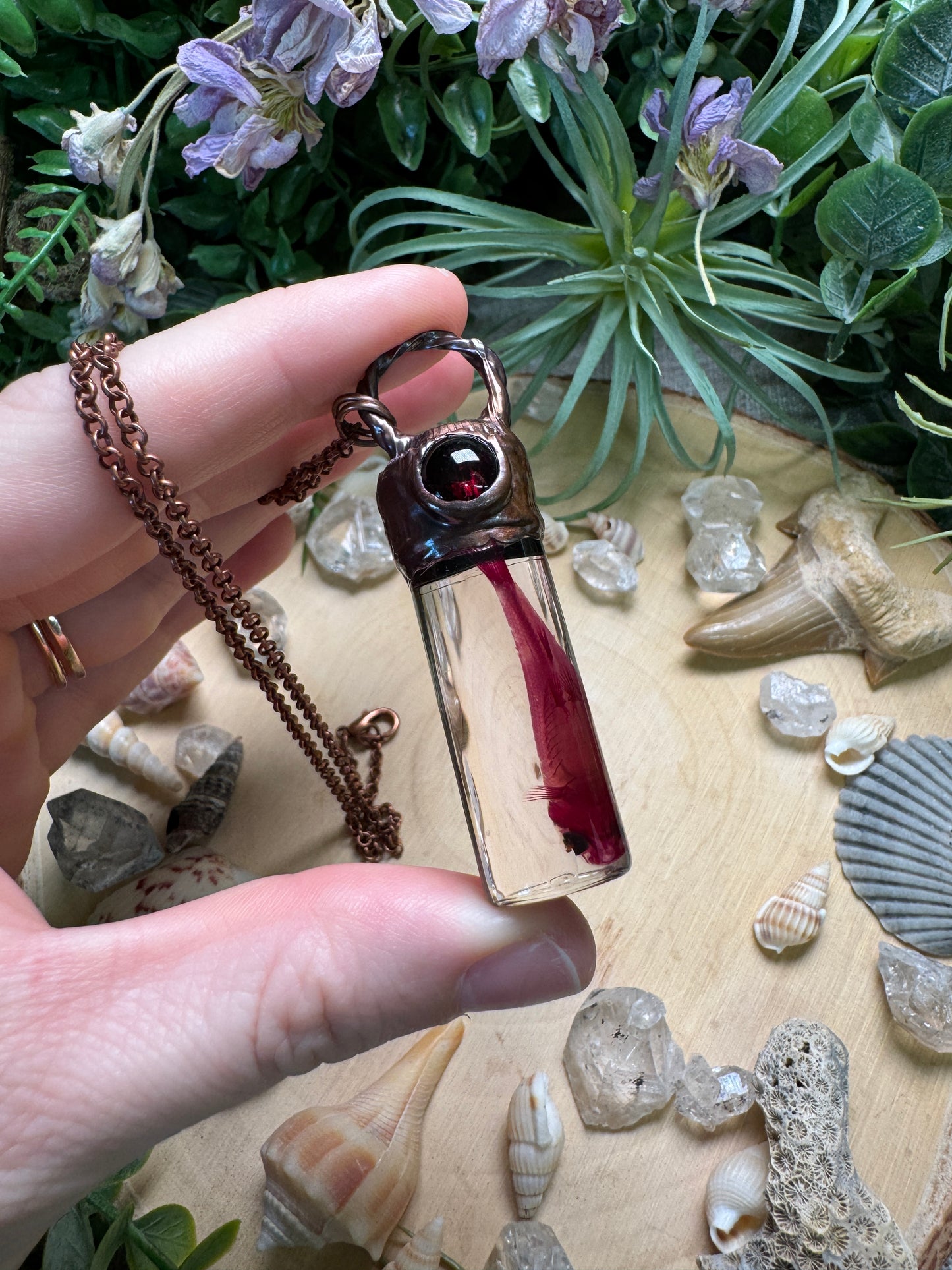 Garnet and Minnow Oddity Vial Necklace