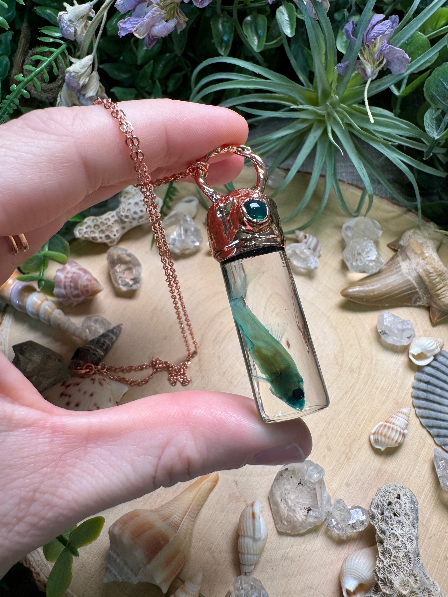 Green Agate and Minnow Oddity Vial Necklace