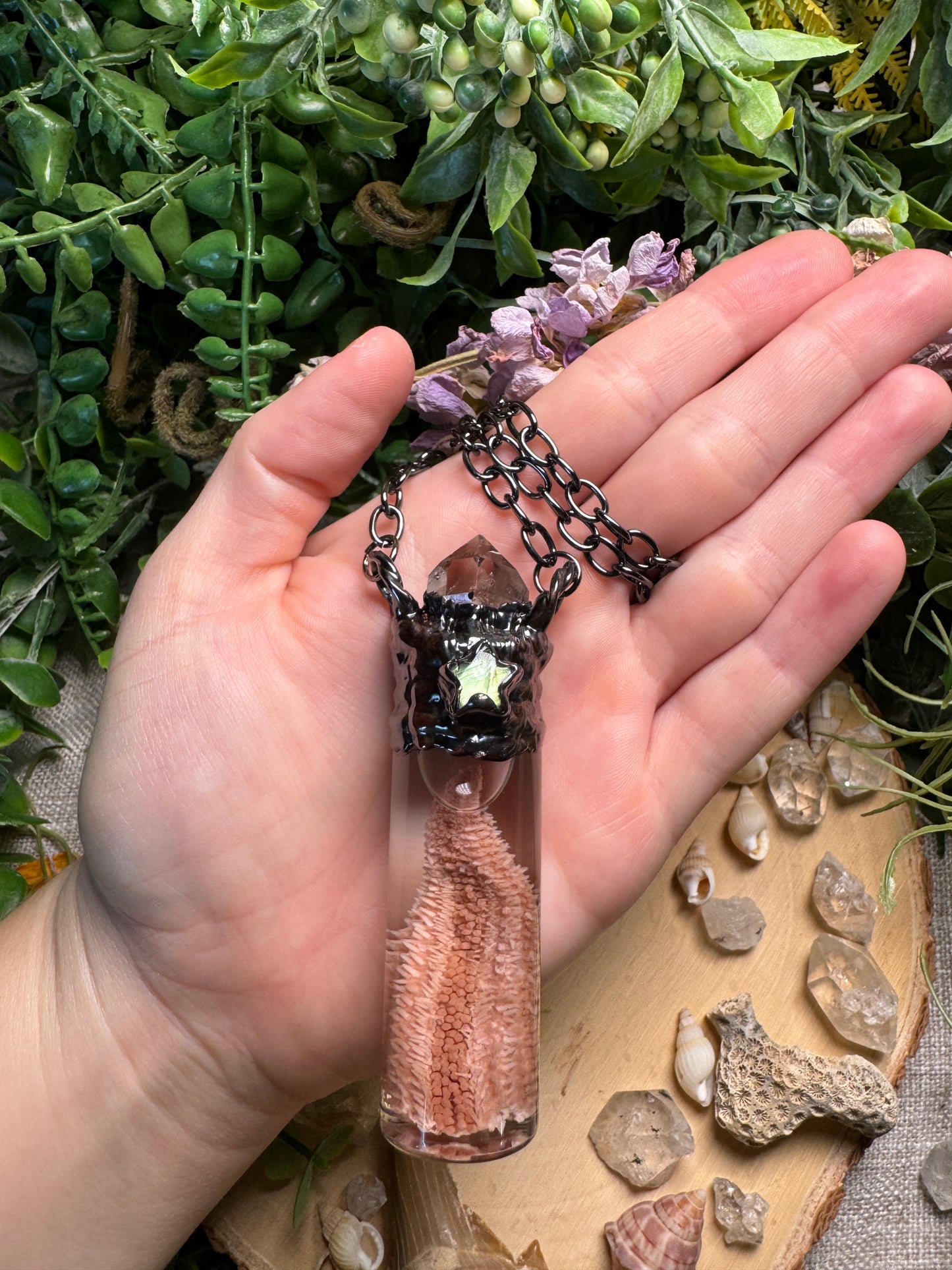 Quartz, Labradorite, and Starfish Arm Oddity Vial Necklace