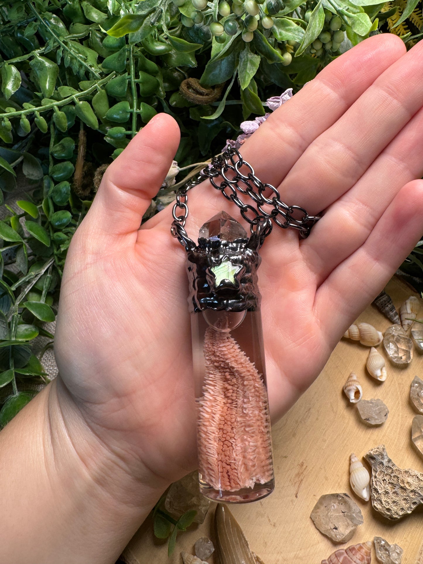 Quartz, Labradorite, and Starfish Arm Oddity Vial Necklace