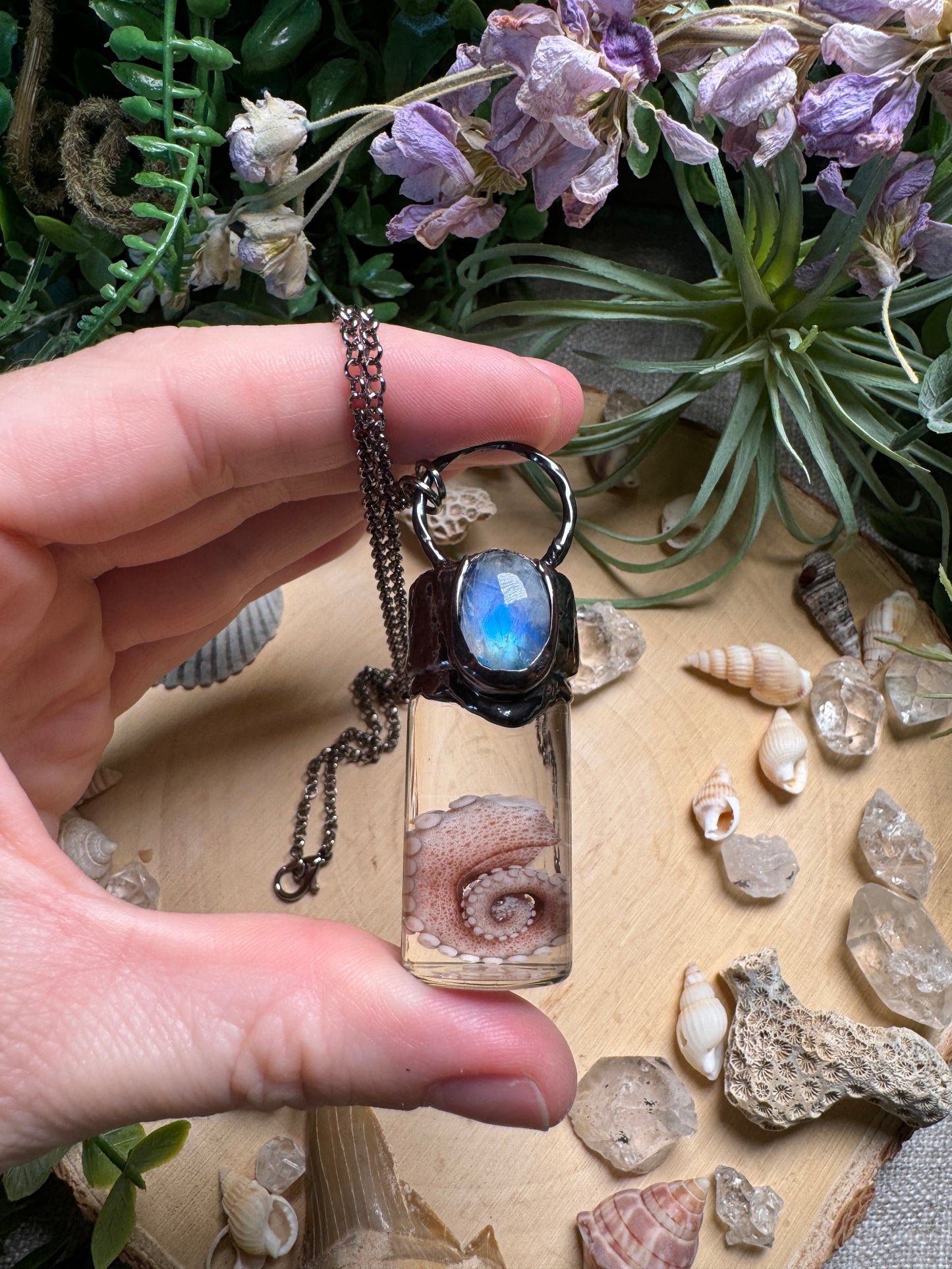 Moonstone and Octopus Arm Oddity Vial Necklace