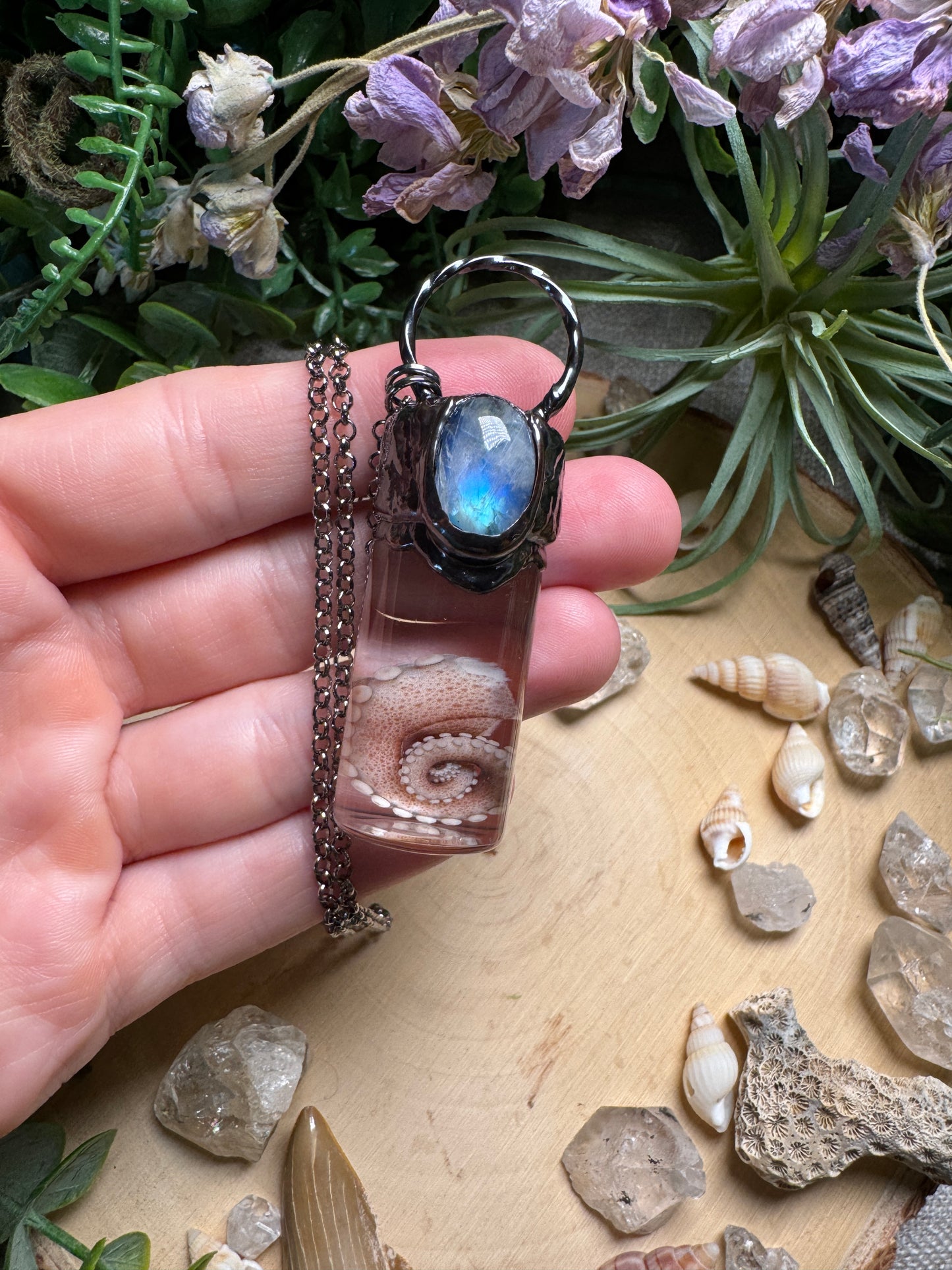 Moonstone and Octopus Arm Oddity Vial Necklace