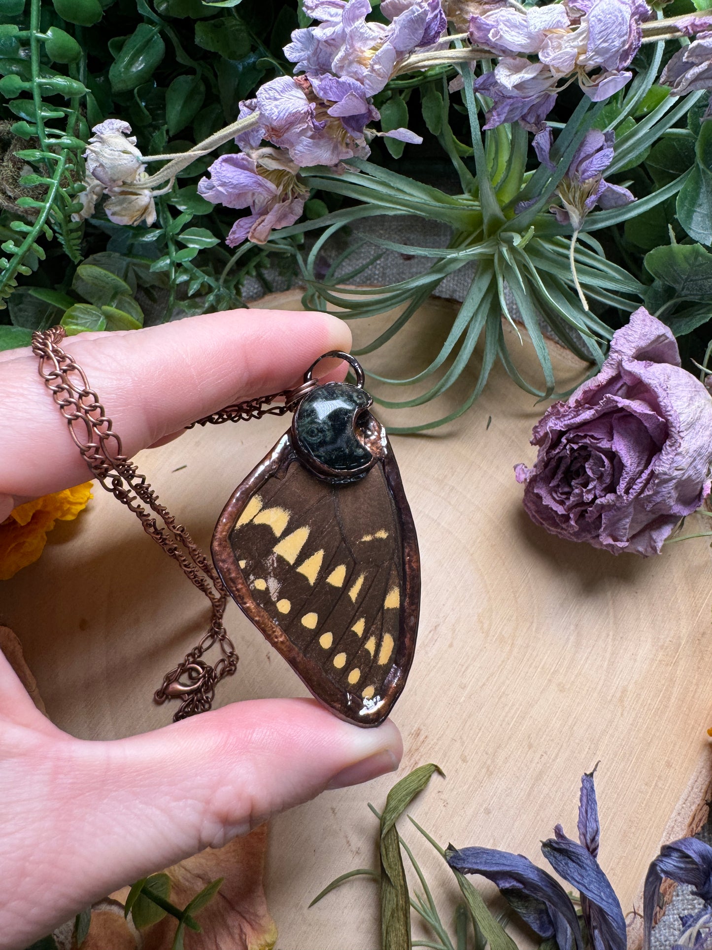 Kambaba Jasper Moon and Butterfly Wing Necklace