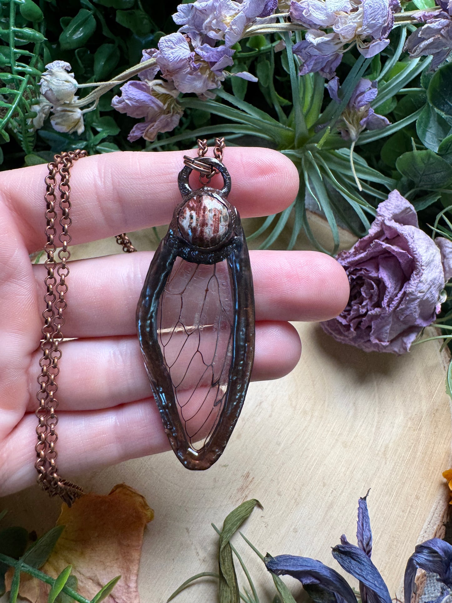 Leopard-skin Jasper and Cicada Wing Necklace