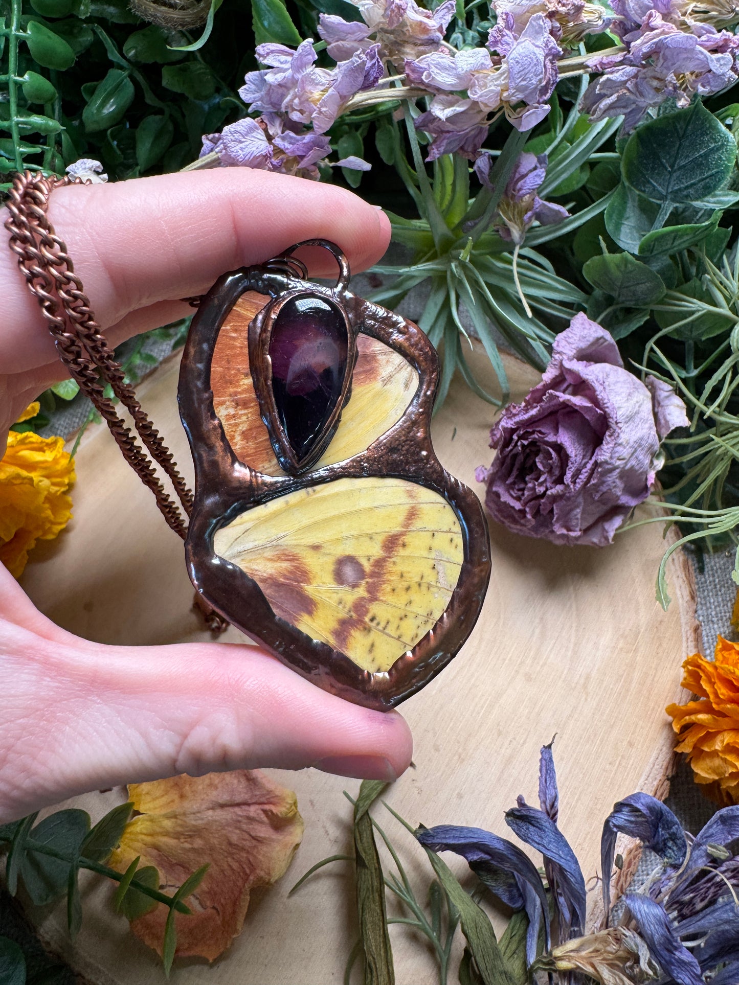 Amethyst and Moth Wing Necklace