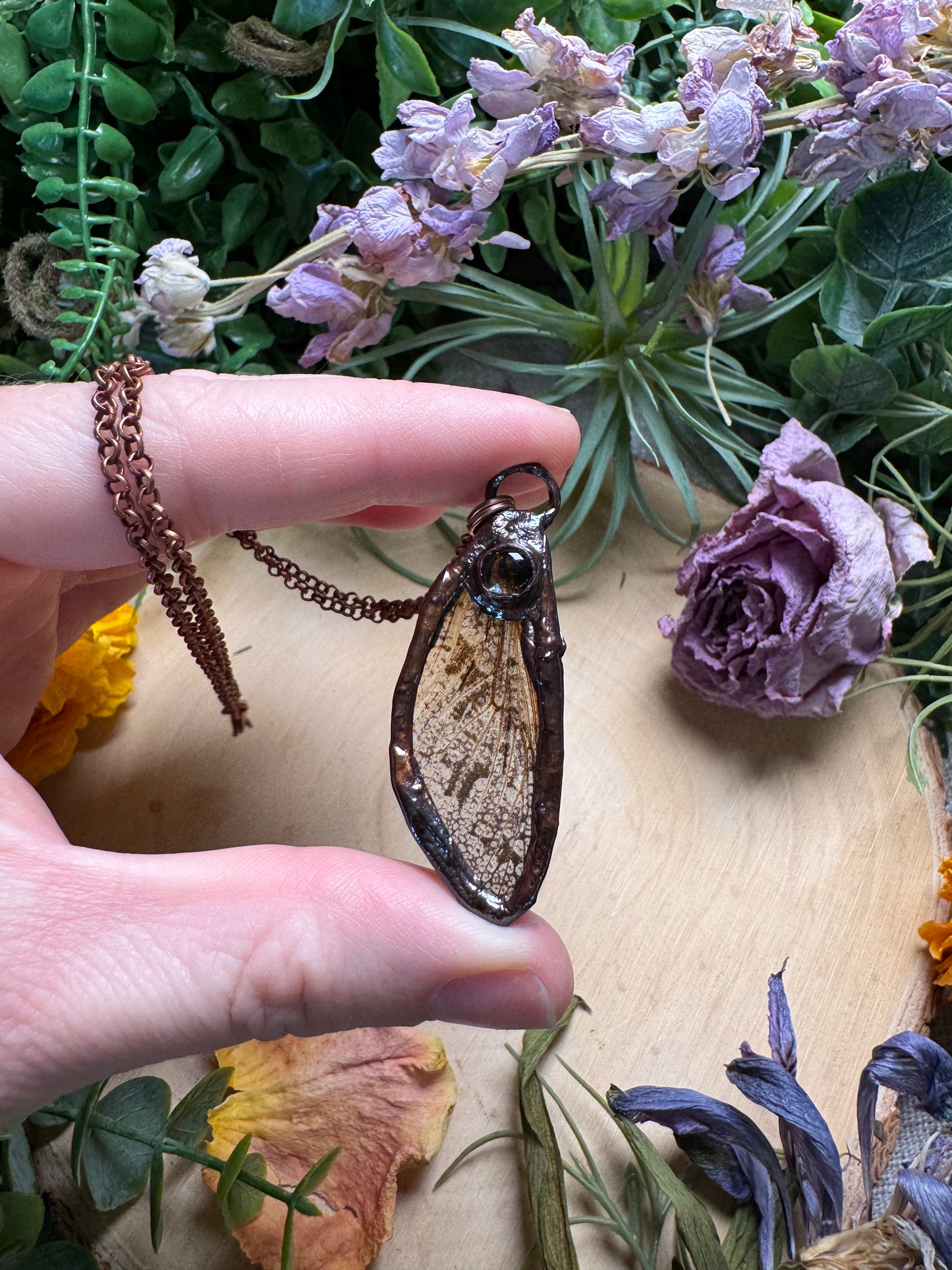Smoky Quartz and Moth Wing Necklace
