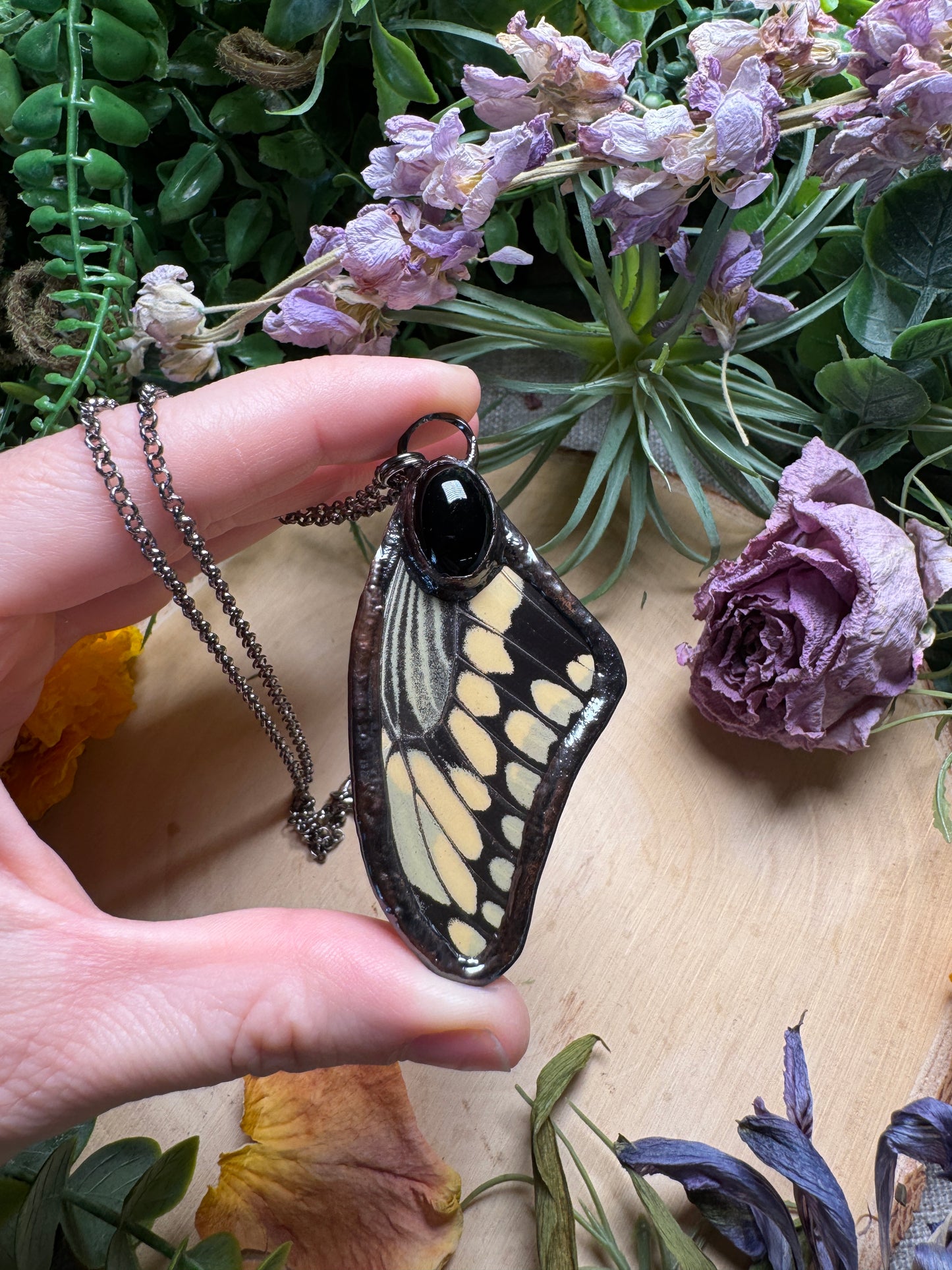 Obsidian and Butterfly Wing Necklace