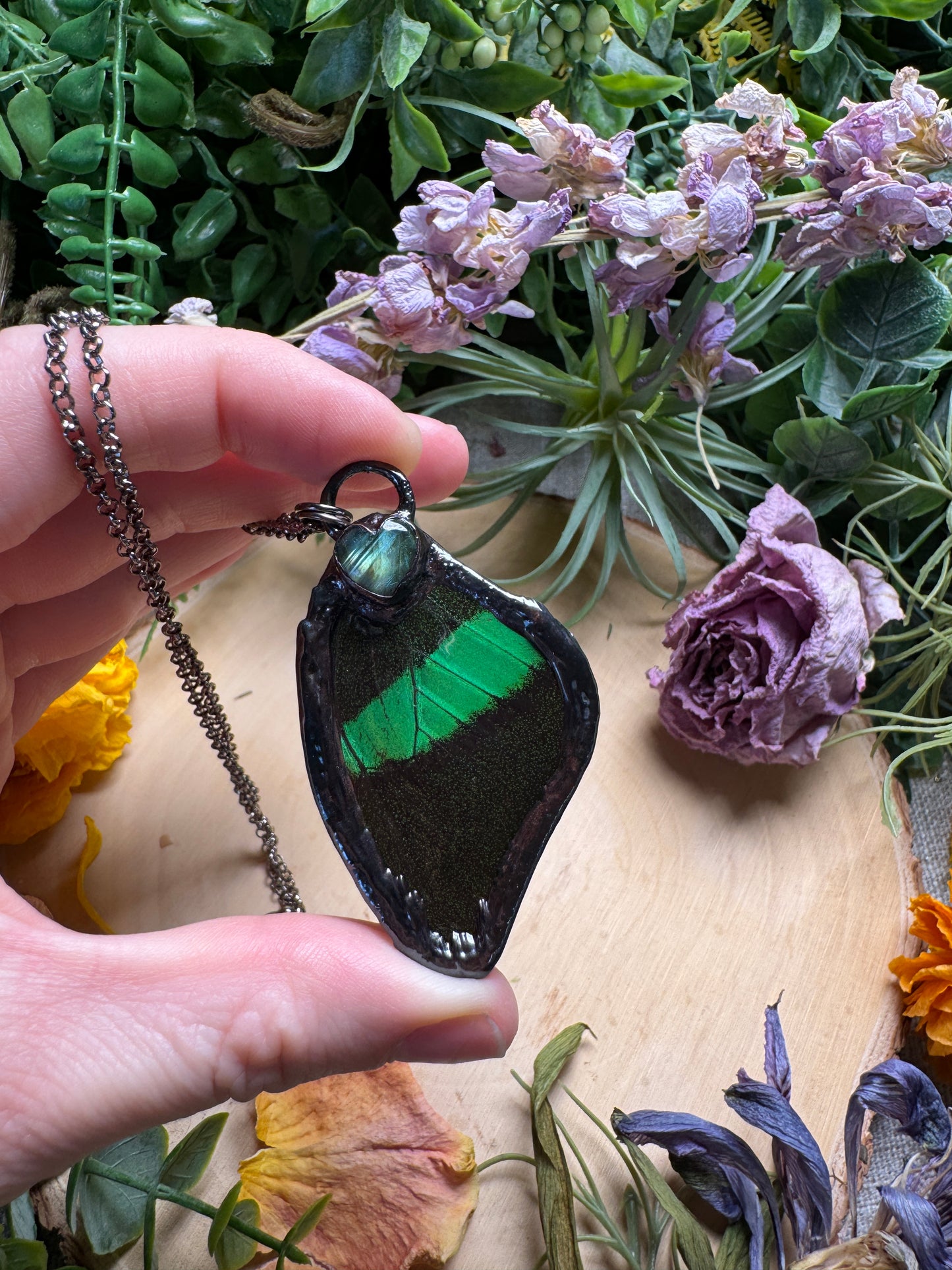 Labradorite Heart and Butterfly Wing Necklace