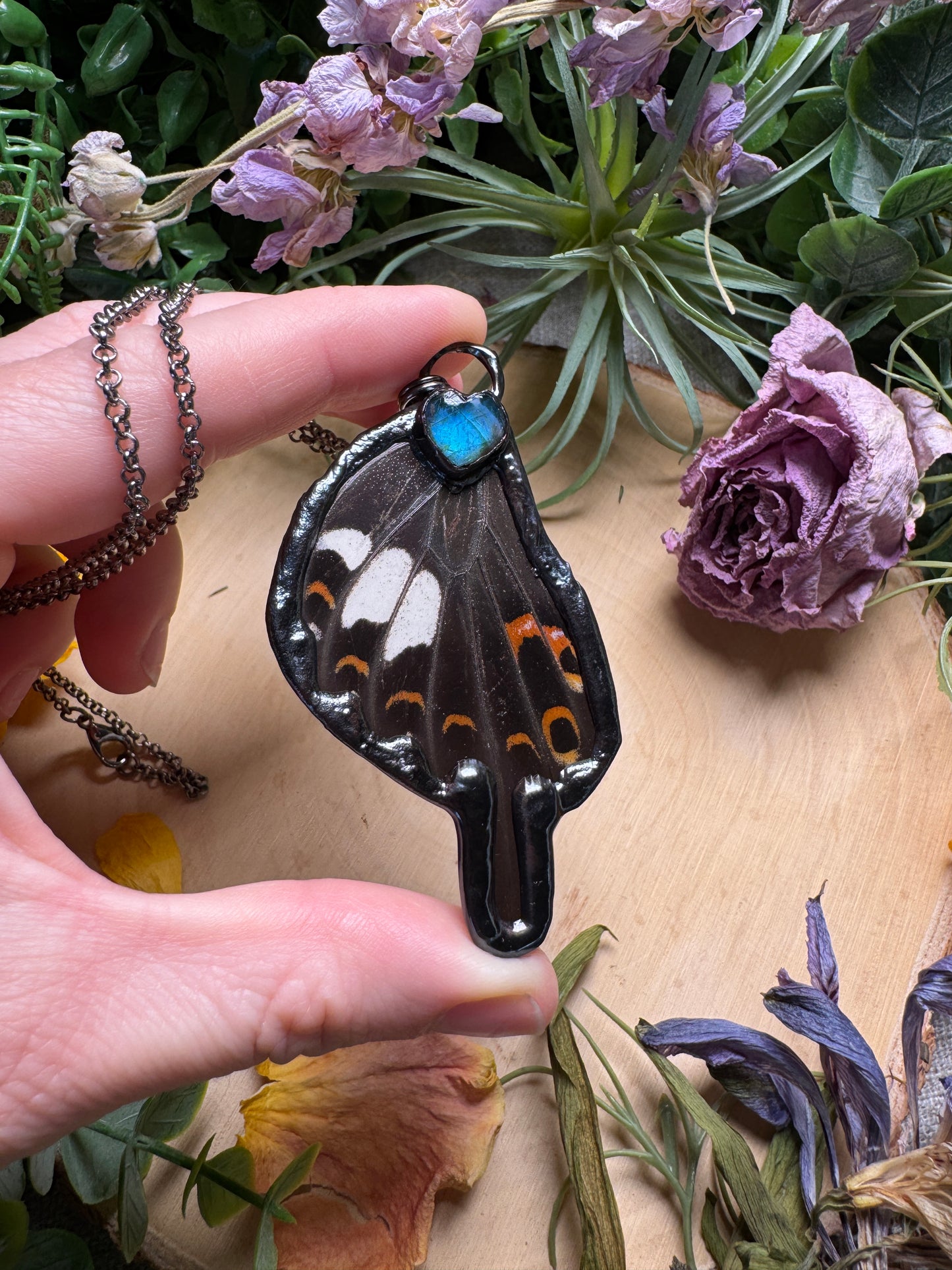 Labradorite Heart and Butterfly Wing Necklace