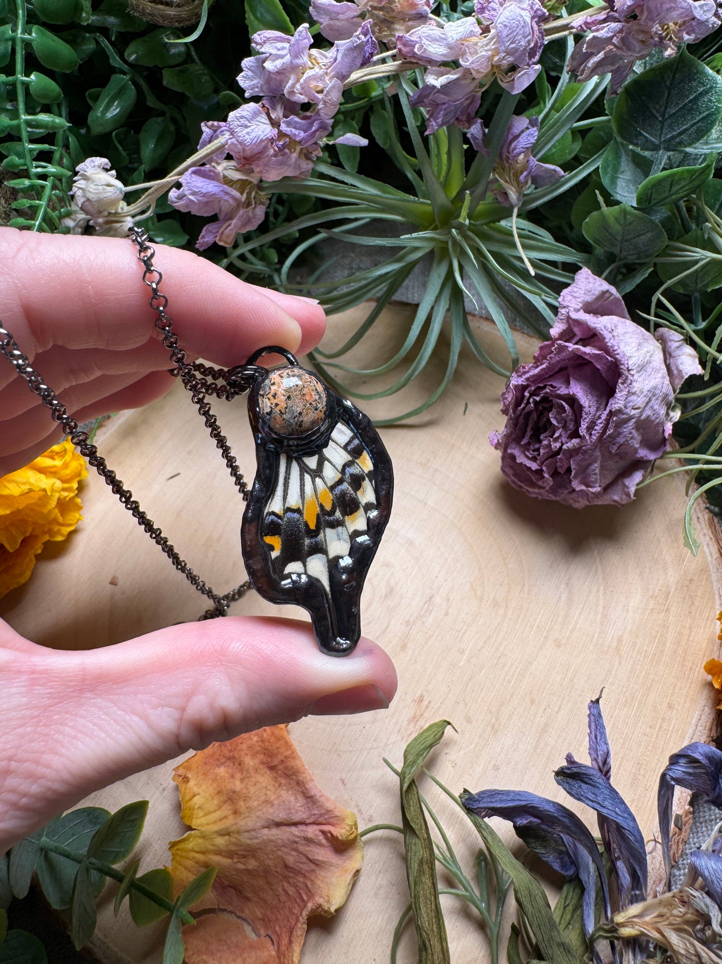Leopard-Skin Jasper and Butterfly Wing Necklace