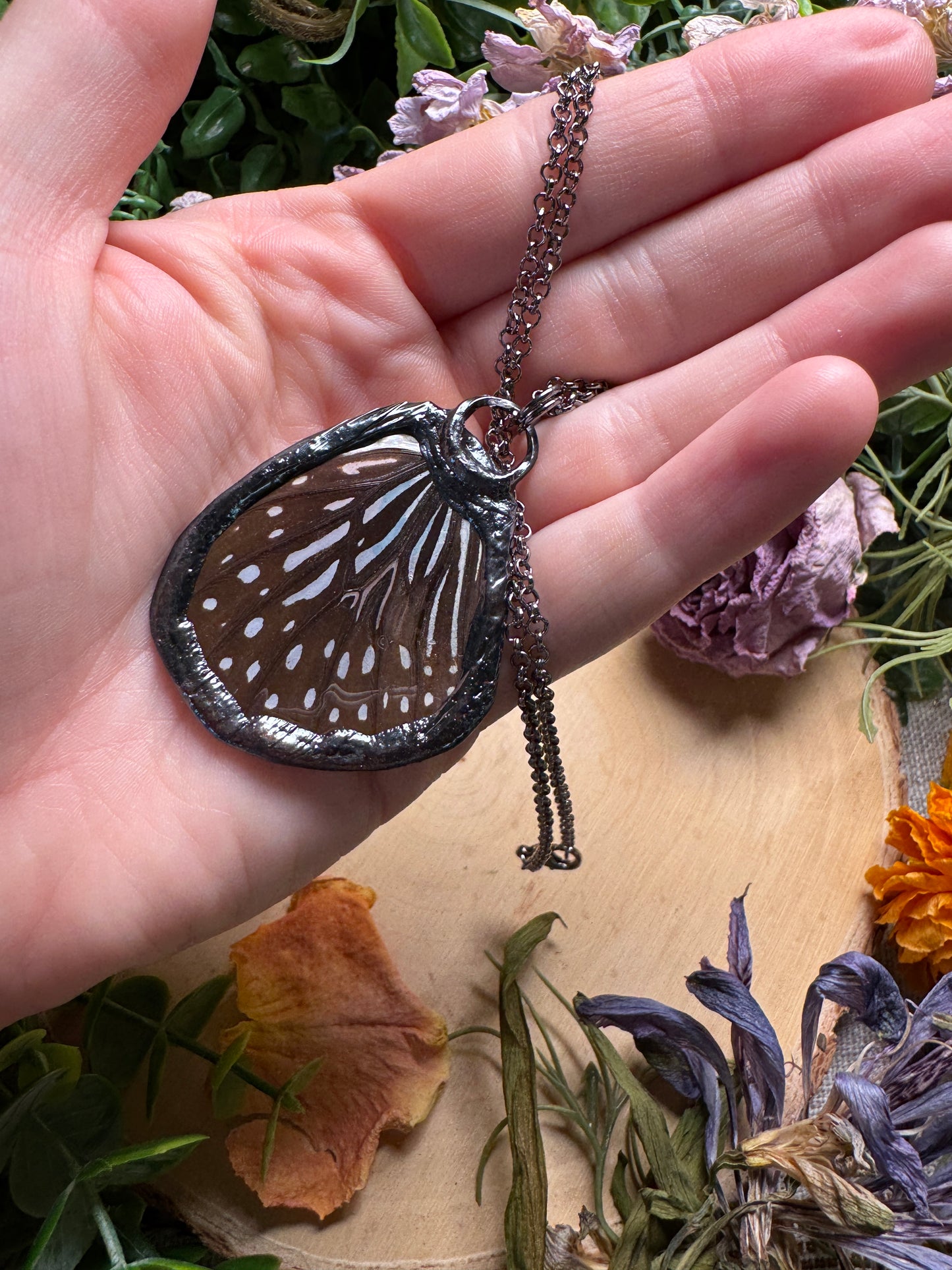 White Moonstone and Butterfly Wing Necklace