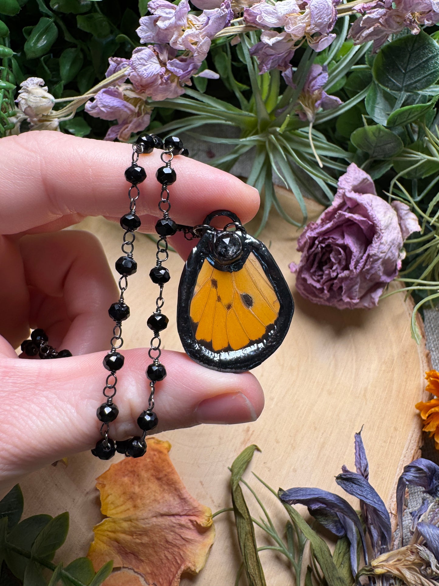 Black Rutile Quartz and Butterfly Wing Necklace