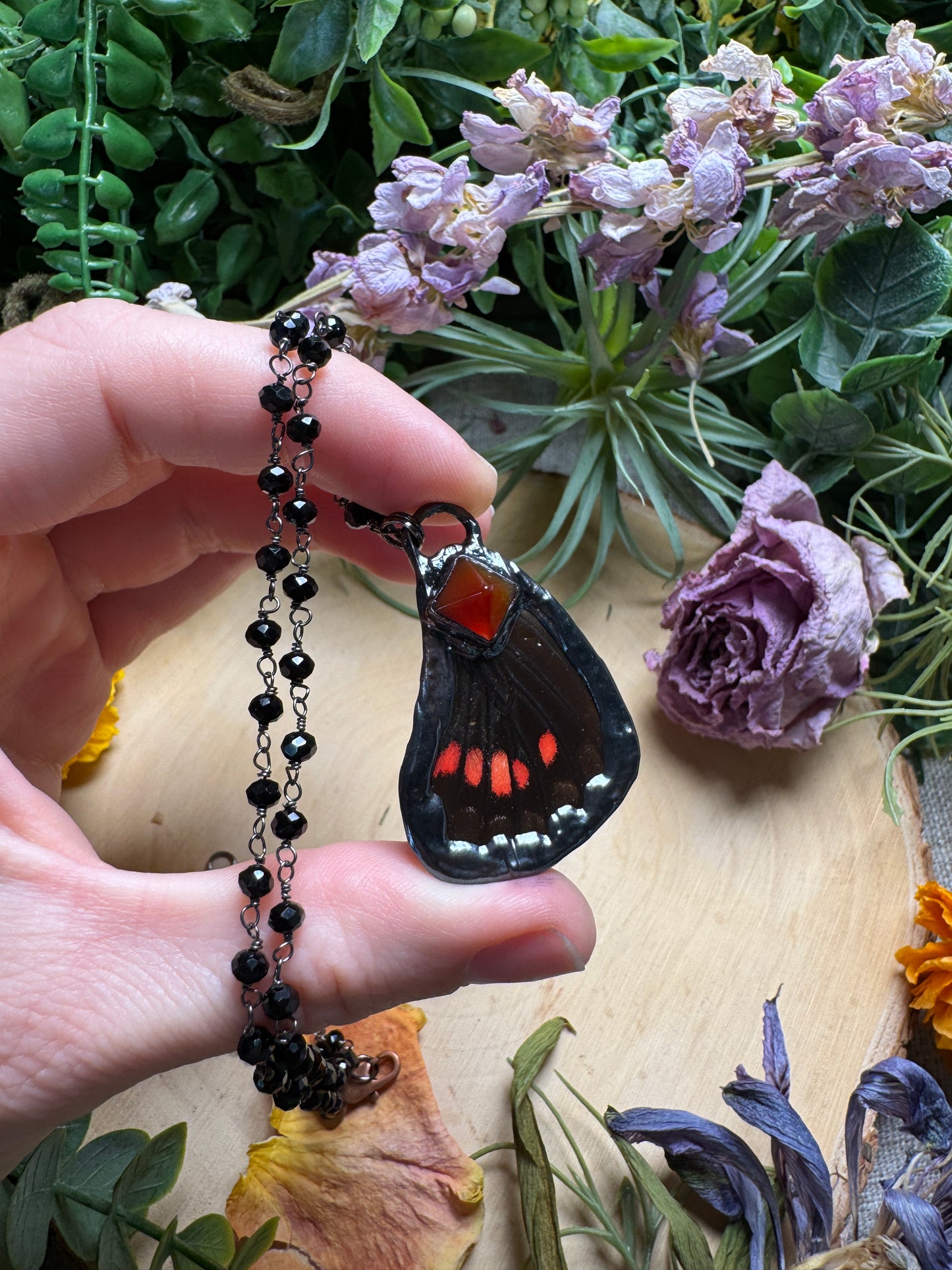 Carnelian and Butterfly Wing Necklace