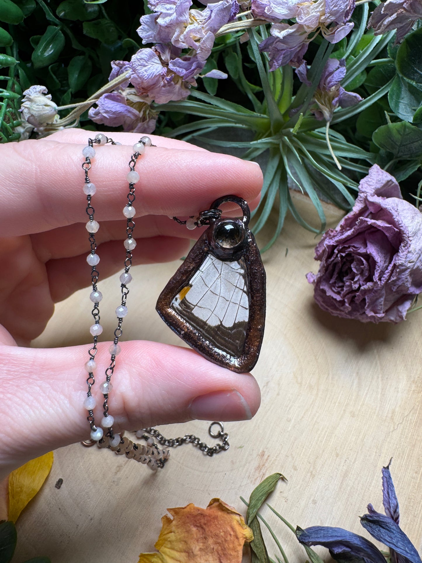 Smoky Quartz and Butterfly Wing Necklace