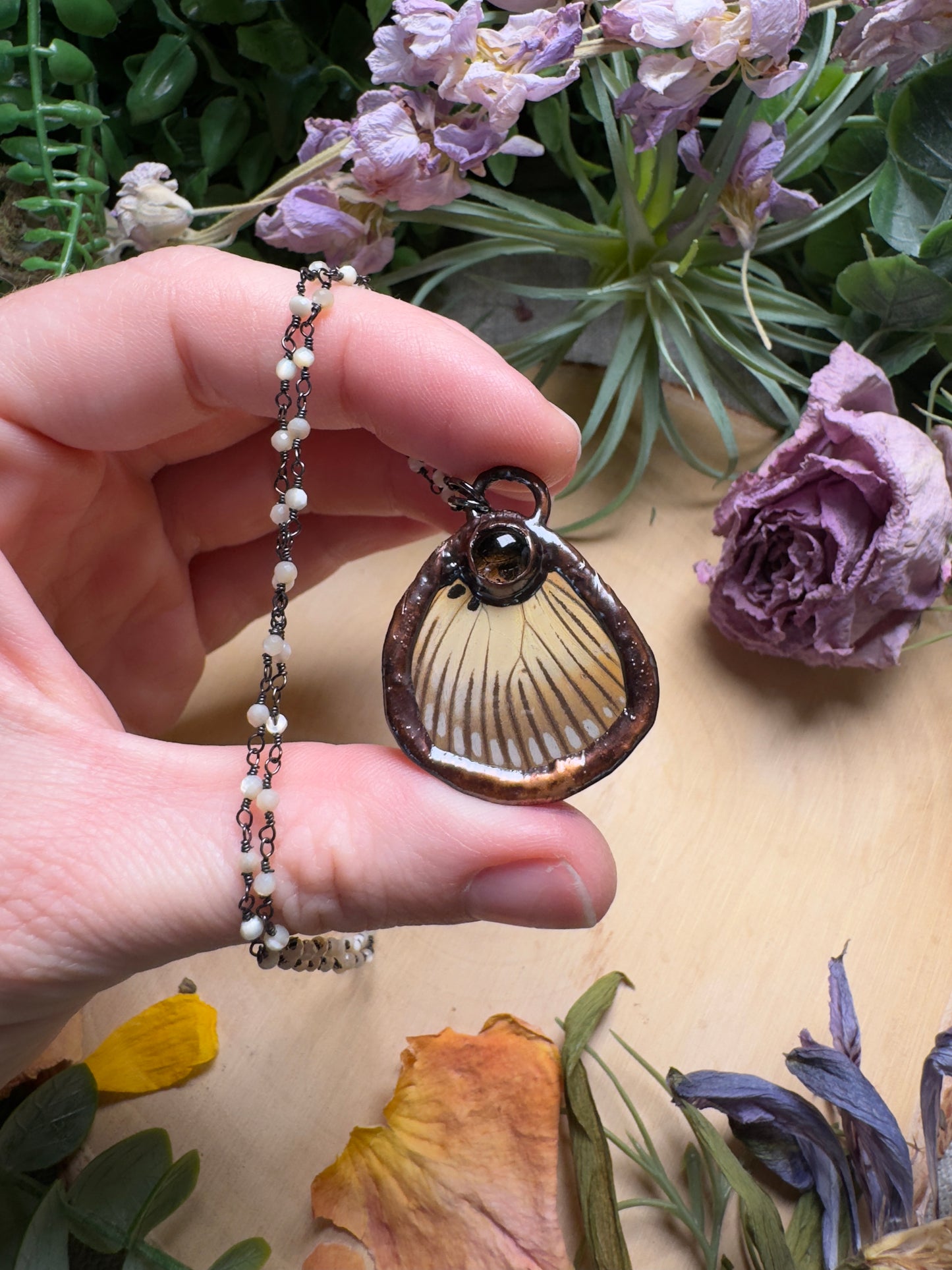 Smoky Quartz and Butterfly Wing Necklace