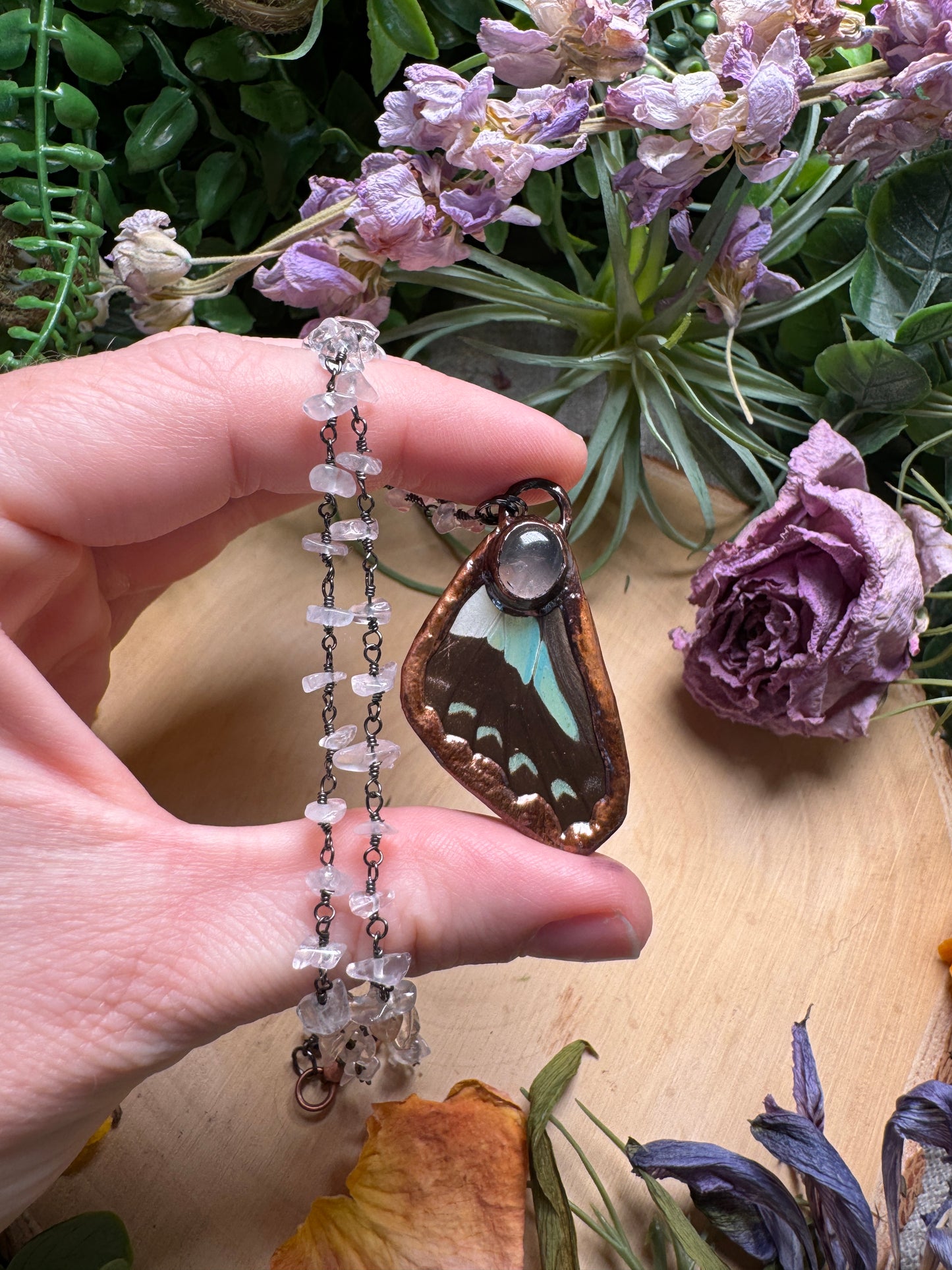 Rose Quartz and Butterfly Wing Necklace
