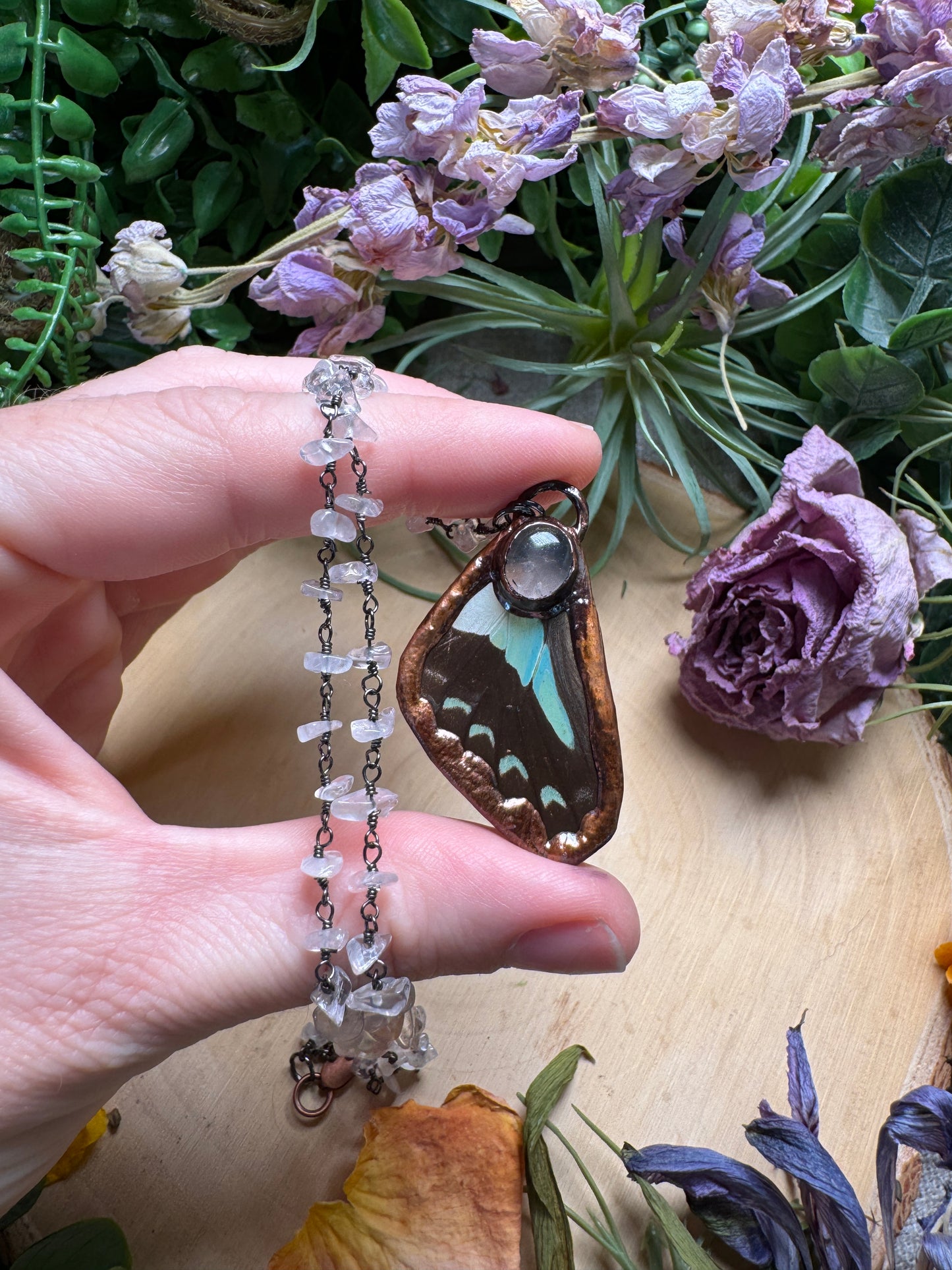 Rose Quartz and Butterfly Wing Necklace