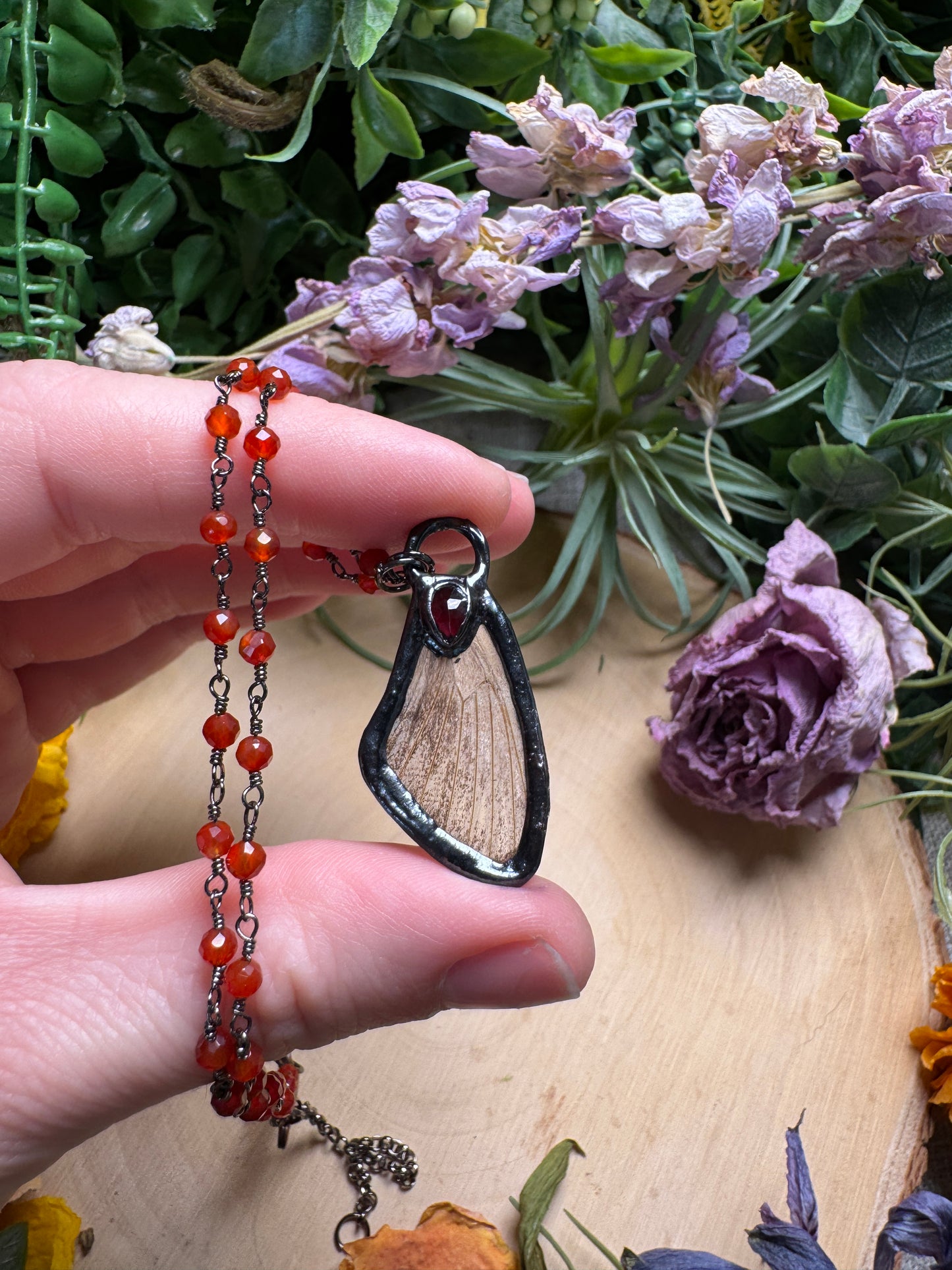 Garnet and Moth Wing Necklace