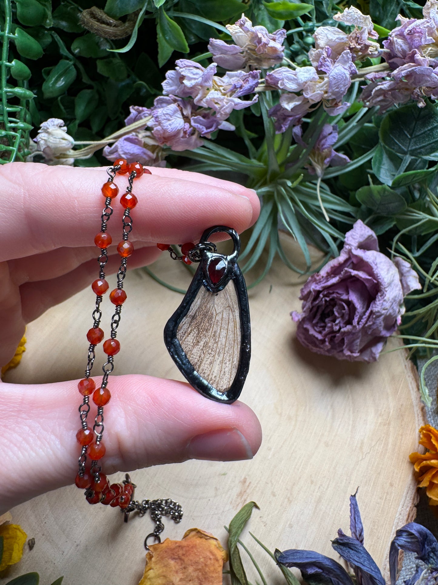Garnet and Moth Wing Necklace