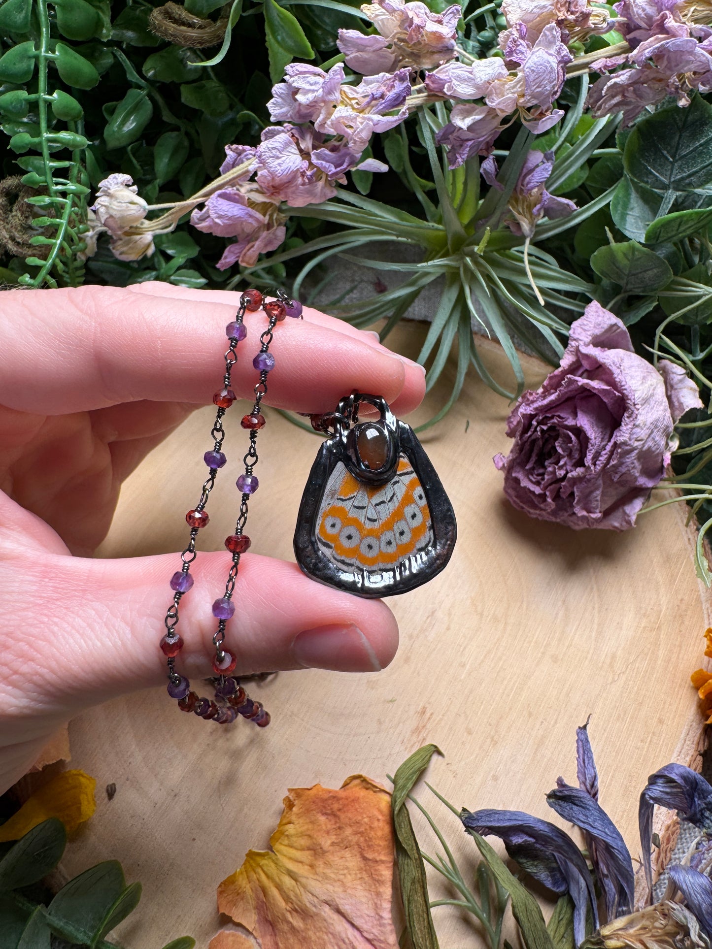 Agate and Butterfly Wing Necklace (reversible)