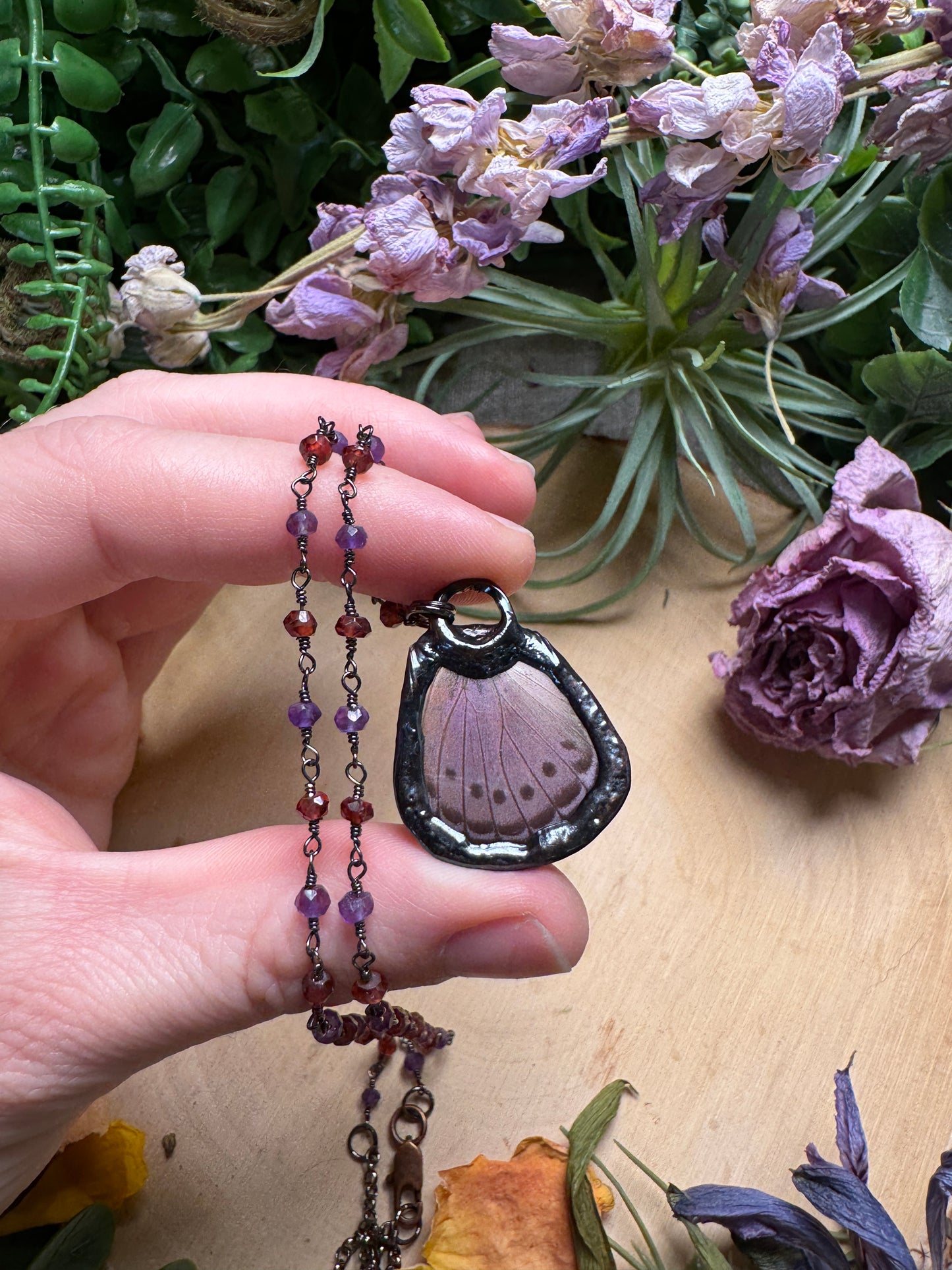 Agate and Butterfly Wing Necklace (reversible)