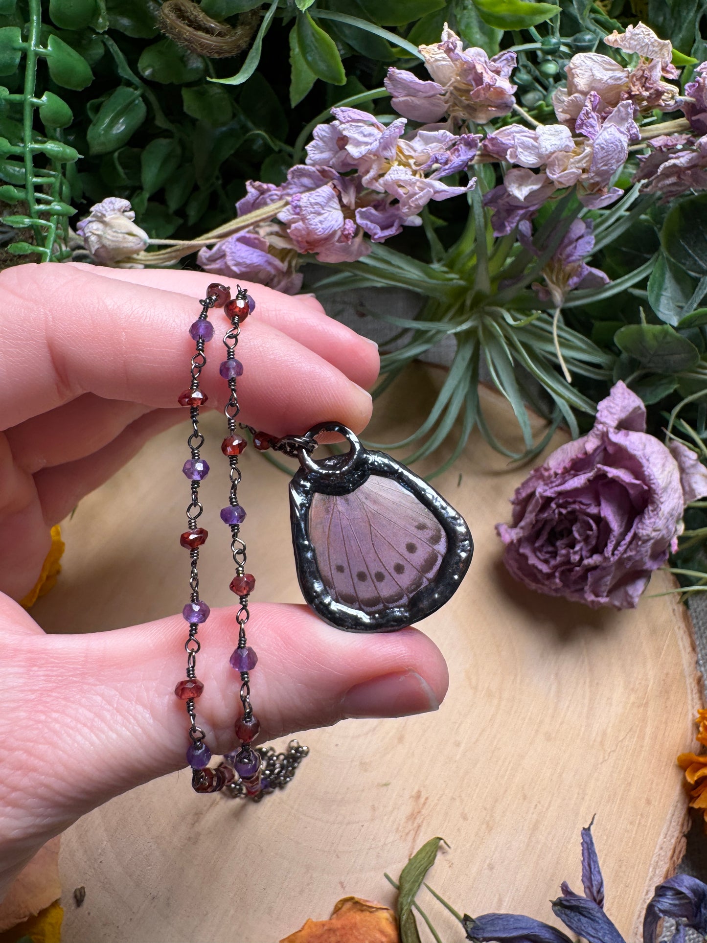Agate and Butterfly Wing Necklace (reversible)