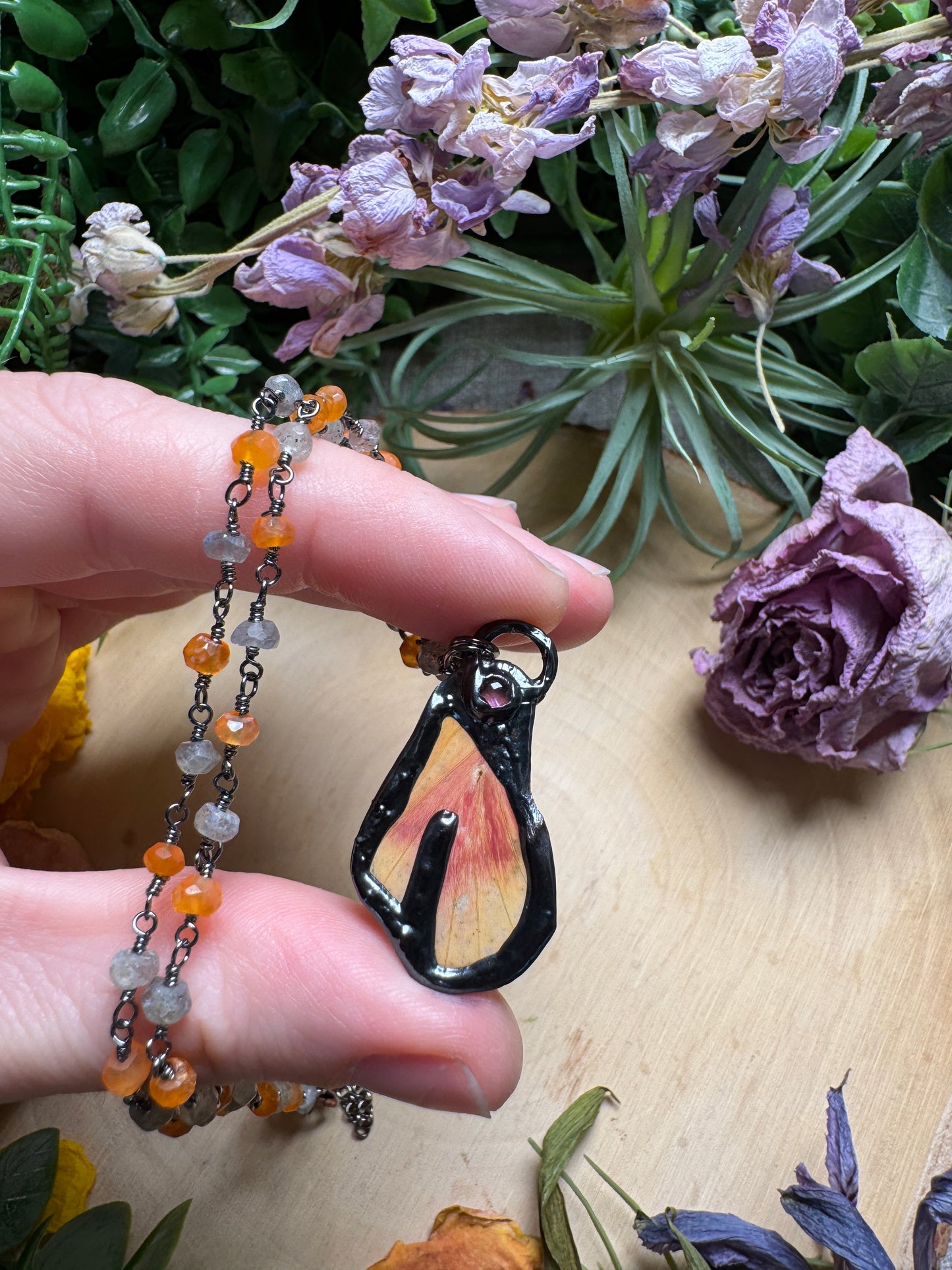 Amethyst and Moth Wing Necklace
