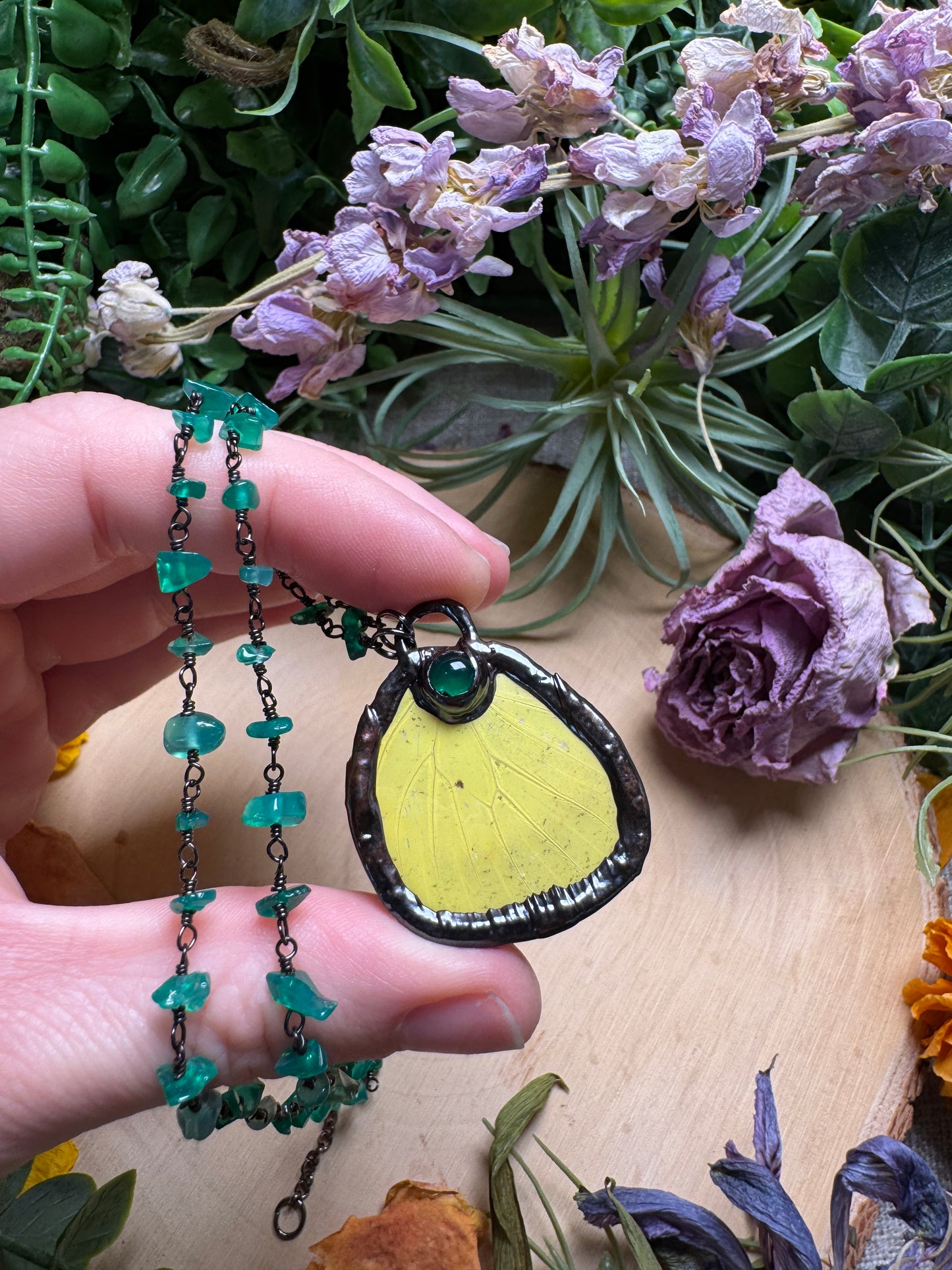 Green Agate and Butterfly Wing Necklace