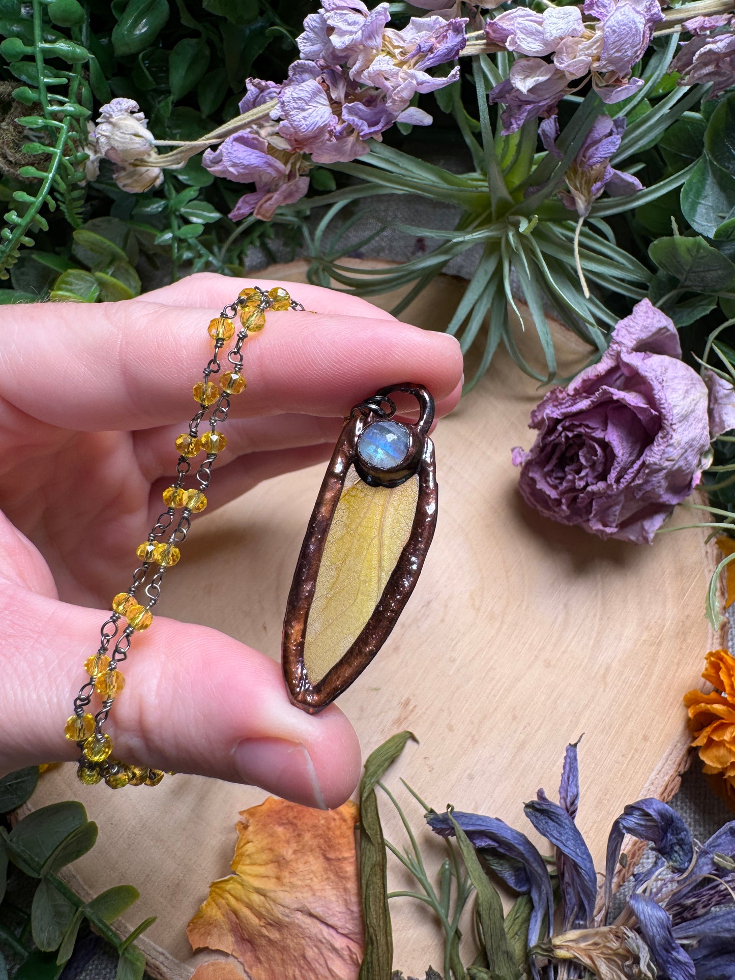 Moonstone and Grasshopper Wing Necklace
