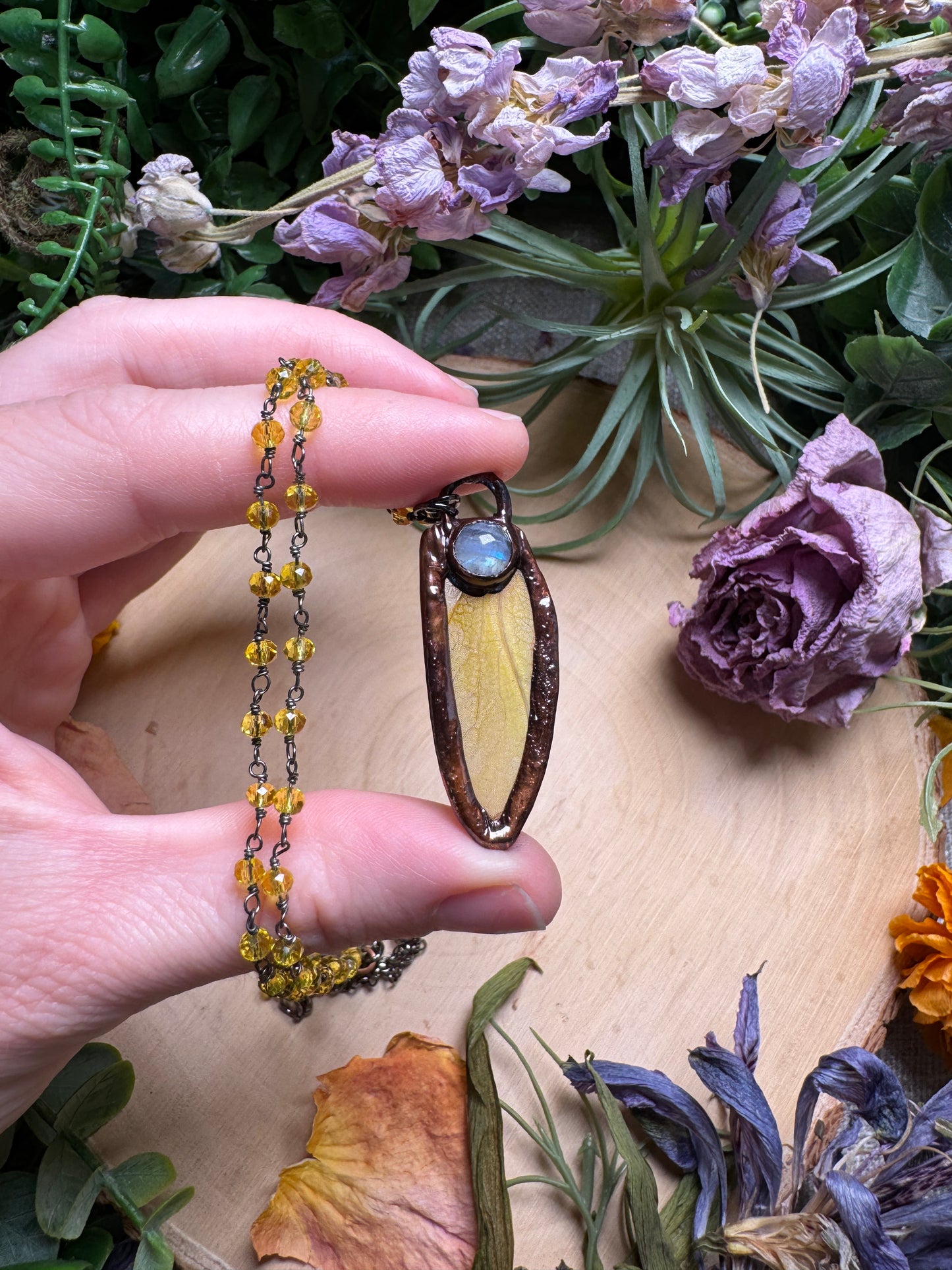 Moonstone and Grasshopper Wing Necklace