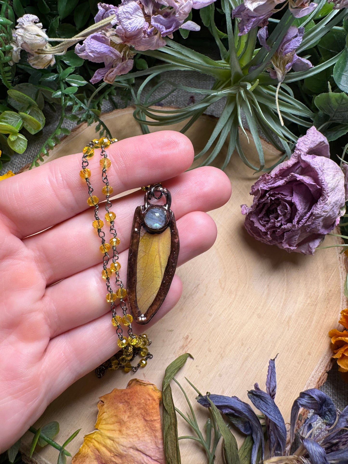 Moonstone and Grasshopper Wing Necklace