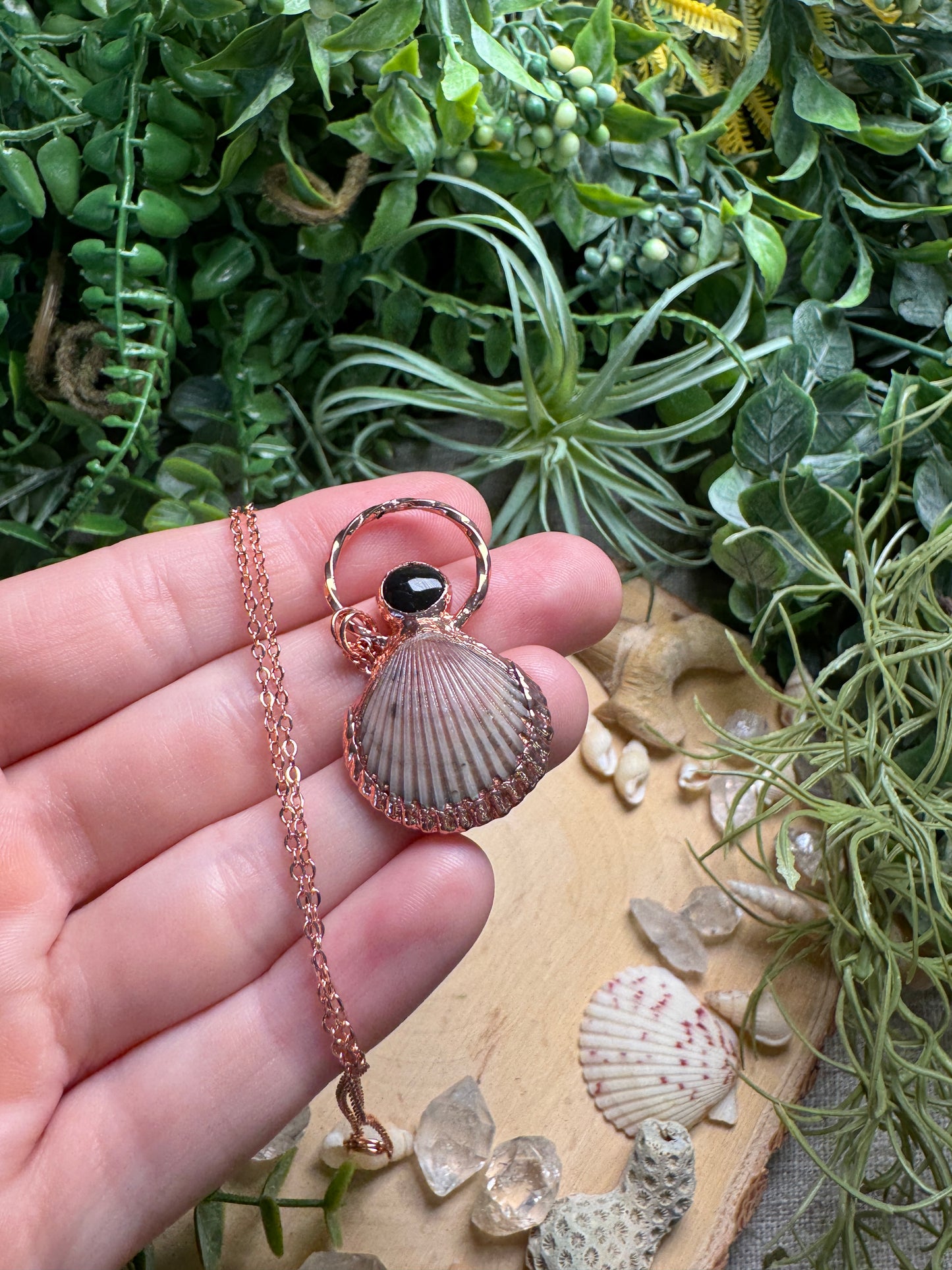 Obsidian and Scallop Shell Necklace