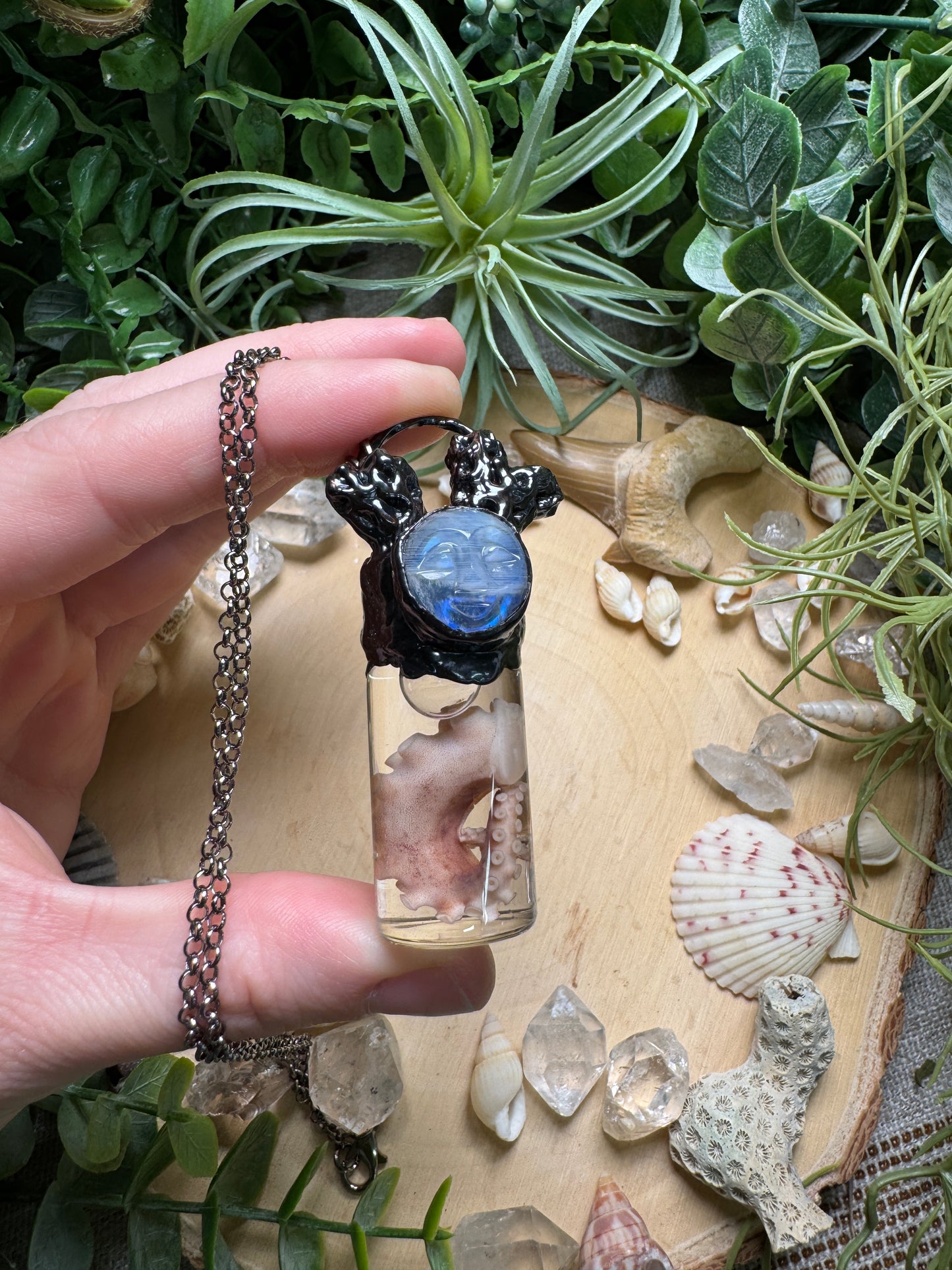 Moonstone Goddess, Coral, and Octopus Tentacle Oddity Vial Necklace