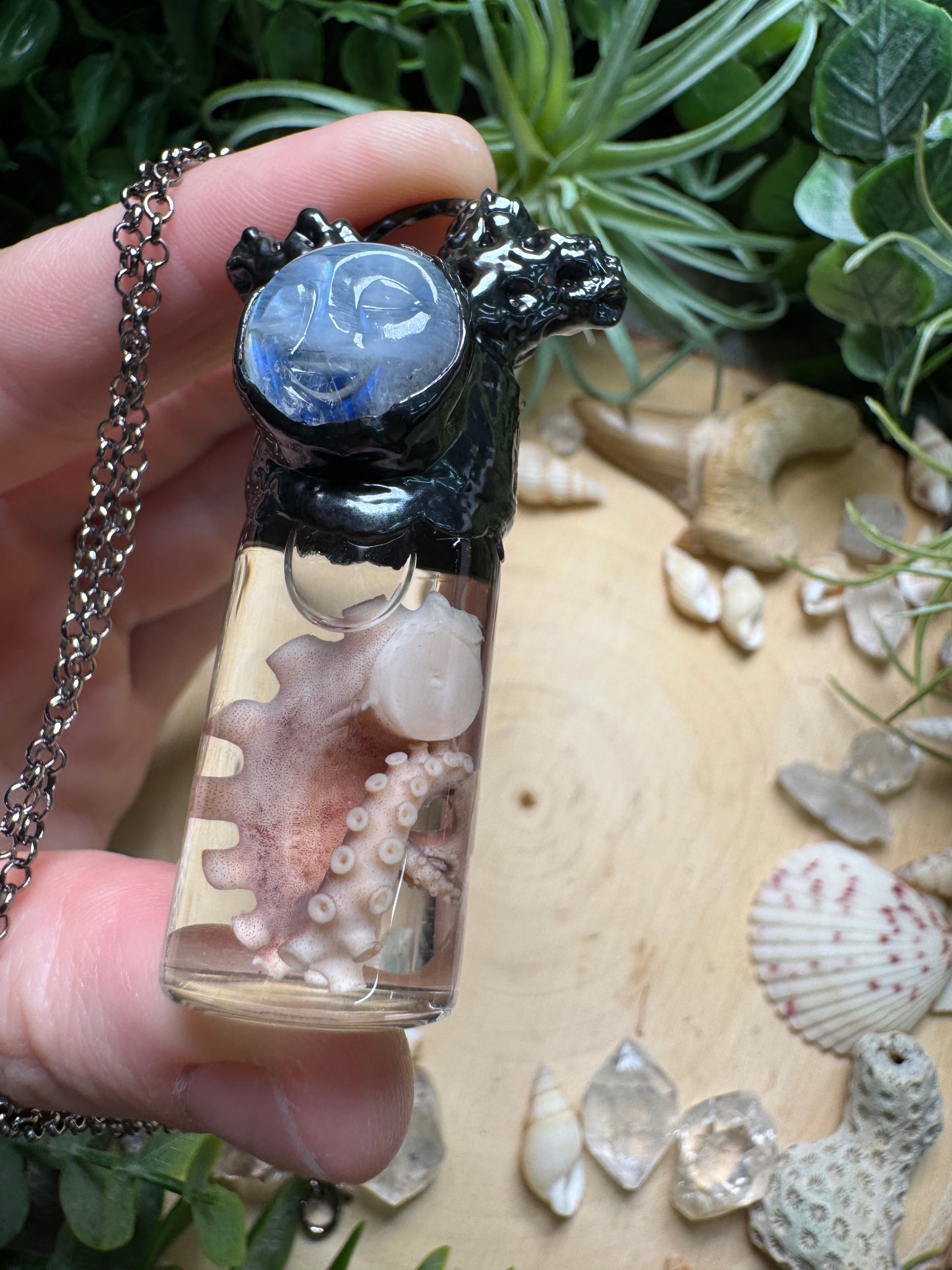 Moonstone Goddess, Coral, and Octopus Tentacle Oddity Vial Necklace