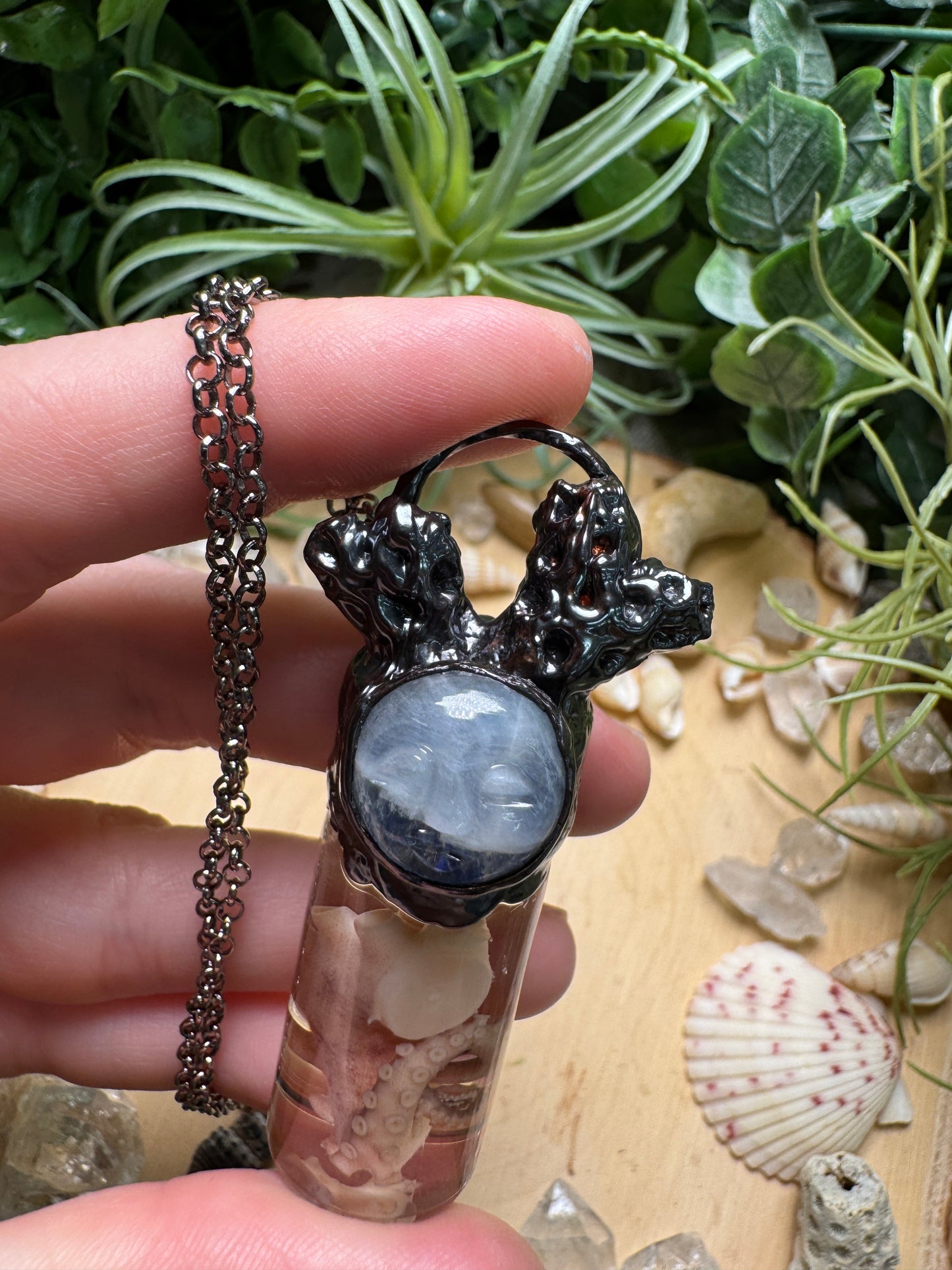 Moonstone Goddess, Coral, and Octopus Tentacle Oddity Vial Necklace