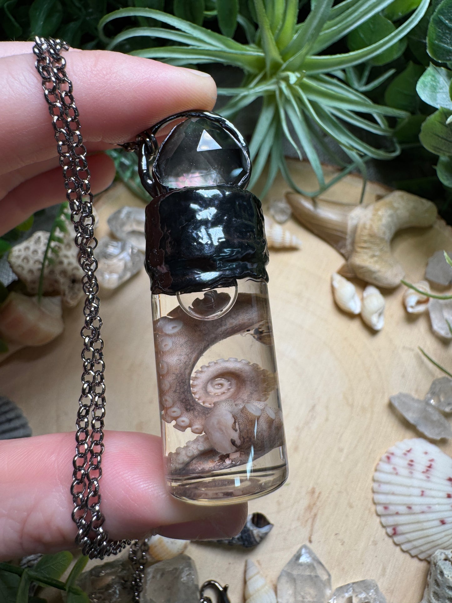 Mother of Pearl Shell and Octopus Tentacle Oddity Vial Necklace