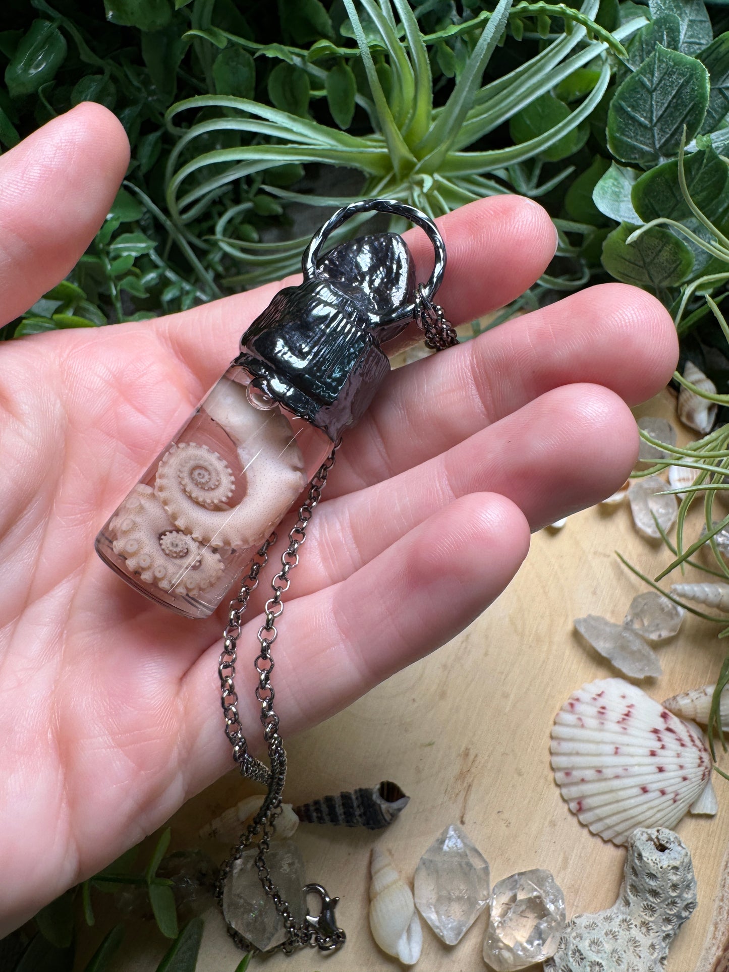 Mother of Pearl Shell and Octopus Tentacle Oddity Vial Necklace