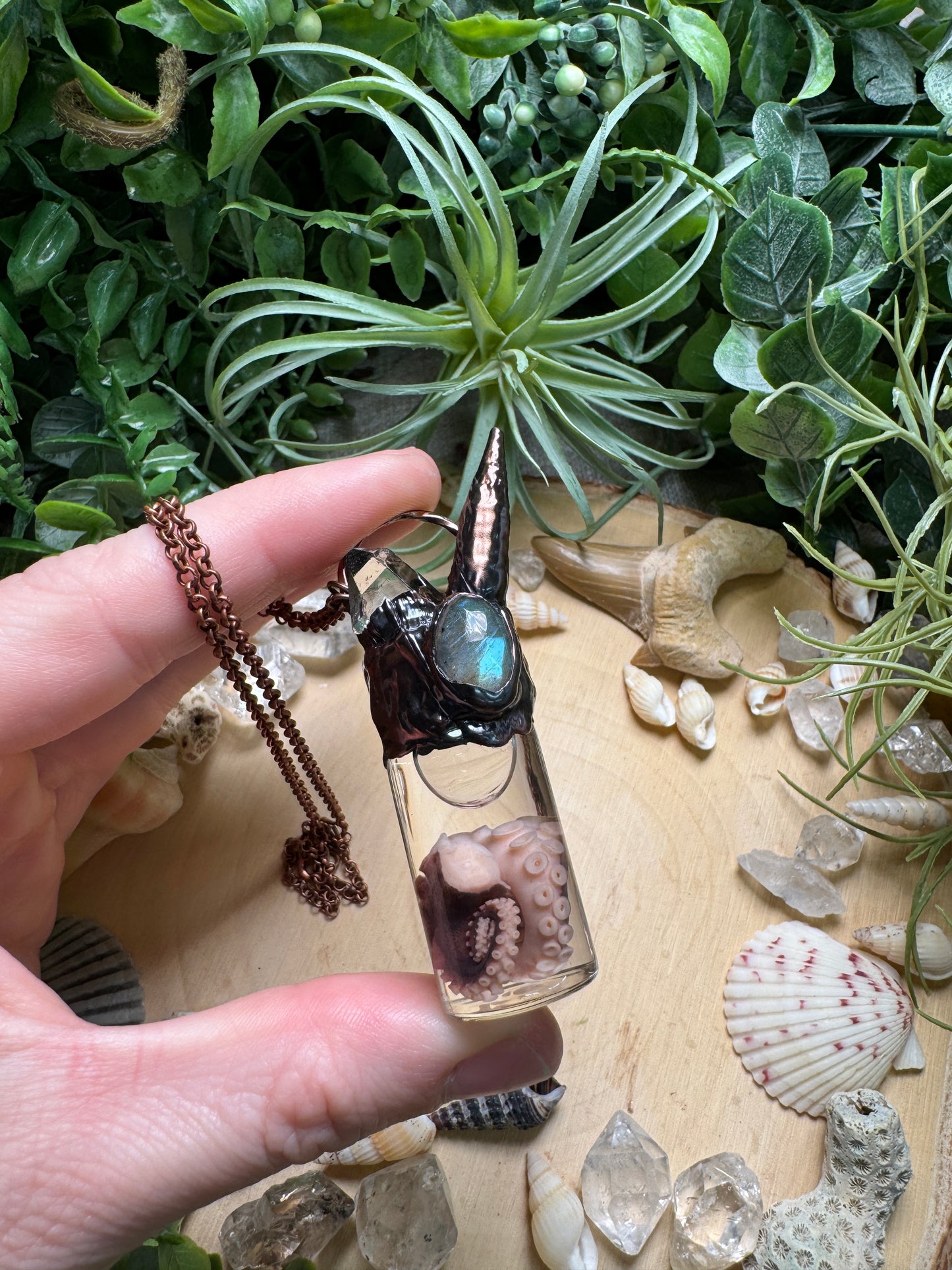 Labradorite, Shell, Quartz, and Octopus Tentacle Oddity Vial Necklace (Copy)