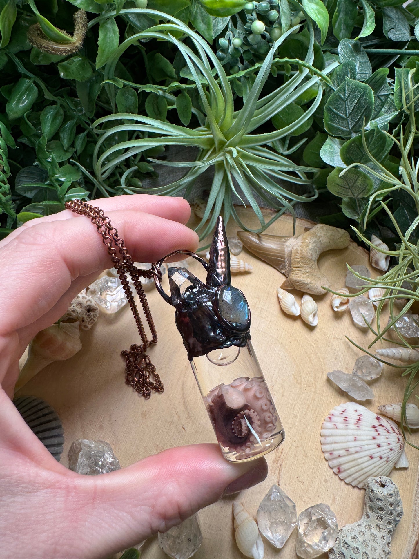 Labradorite, Shell, Quartz, and Octopus Tentacle Oddity Vial Necklace (Copy)