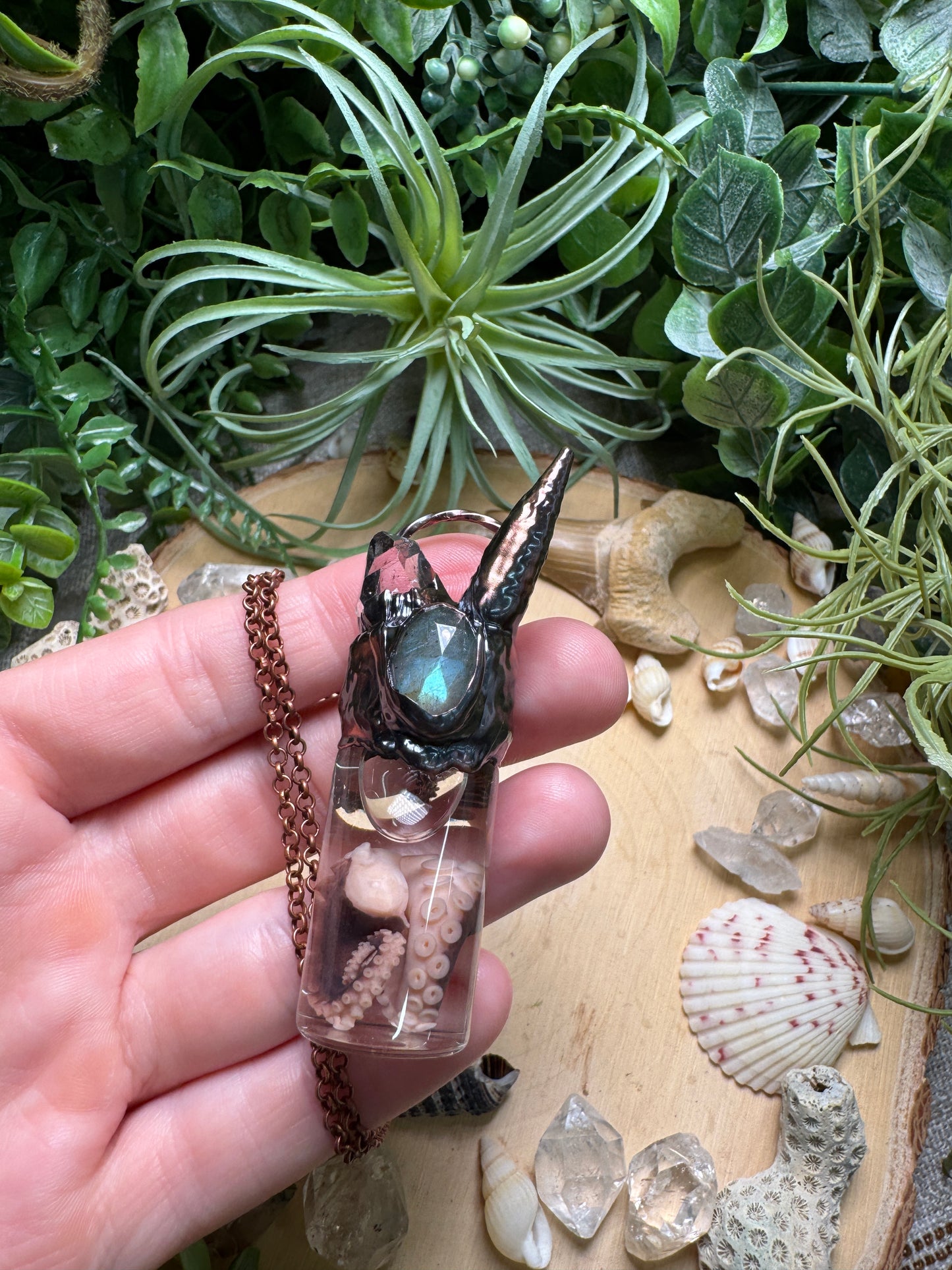 Labradorite, Shell, Quartz, and Octopus Tentacle Oddity Vial Necklace (Copy)
