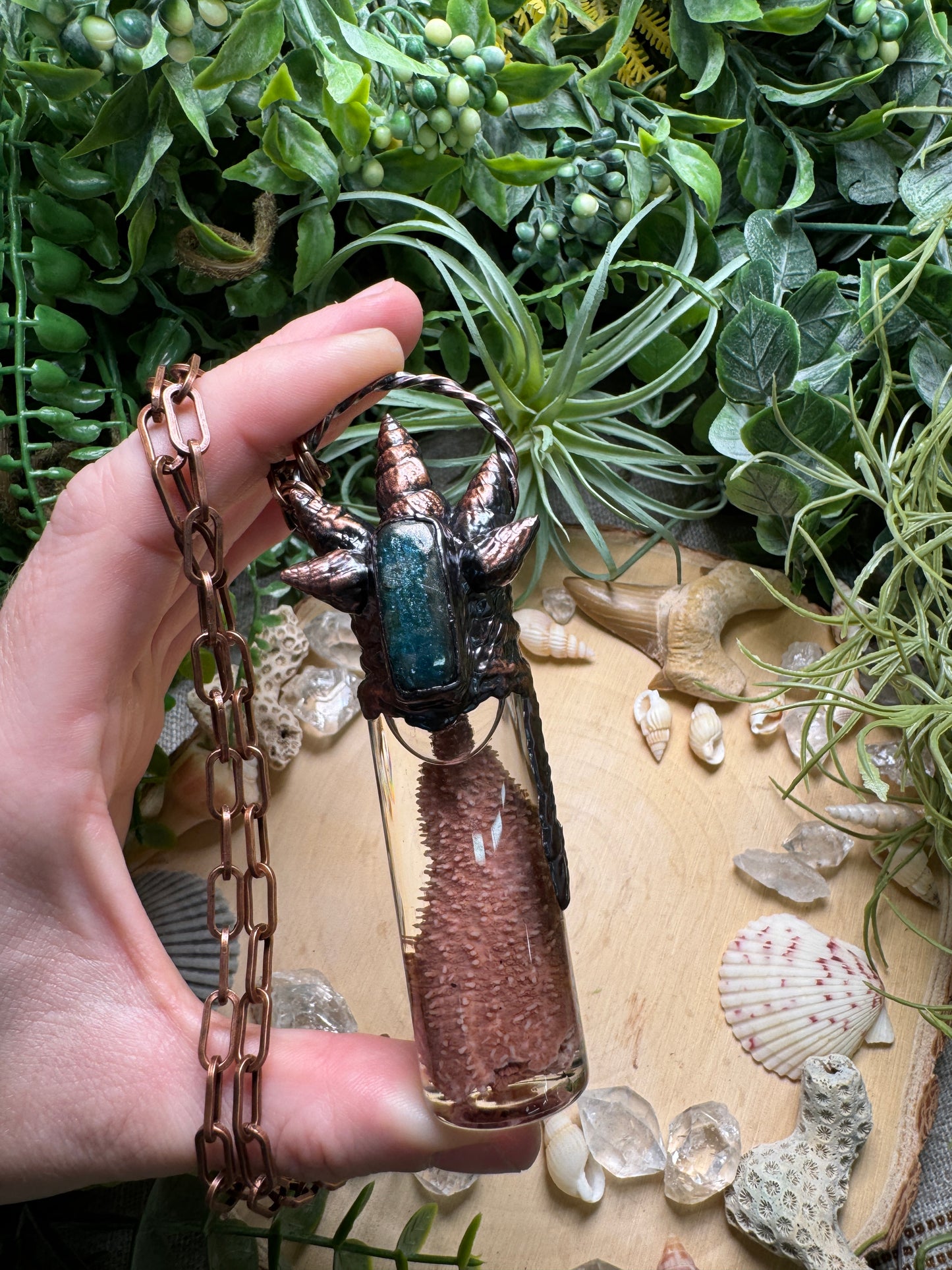 Blue Apatite, Shell, and Starfish Arm Oddity Vial Necklace