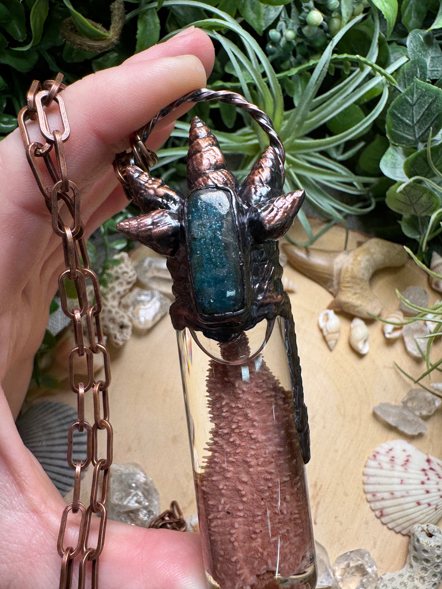 Blue Apatite, Shell, and Starfish Arm Oddity Vial Necklace